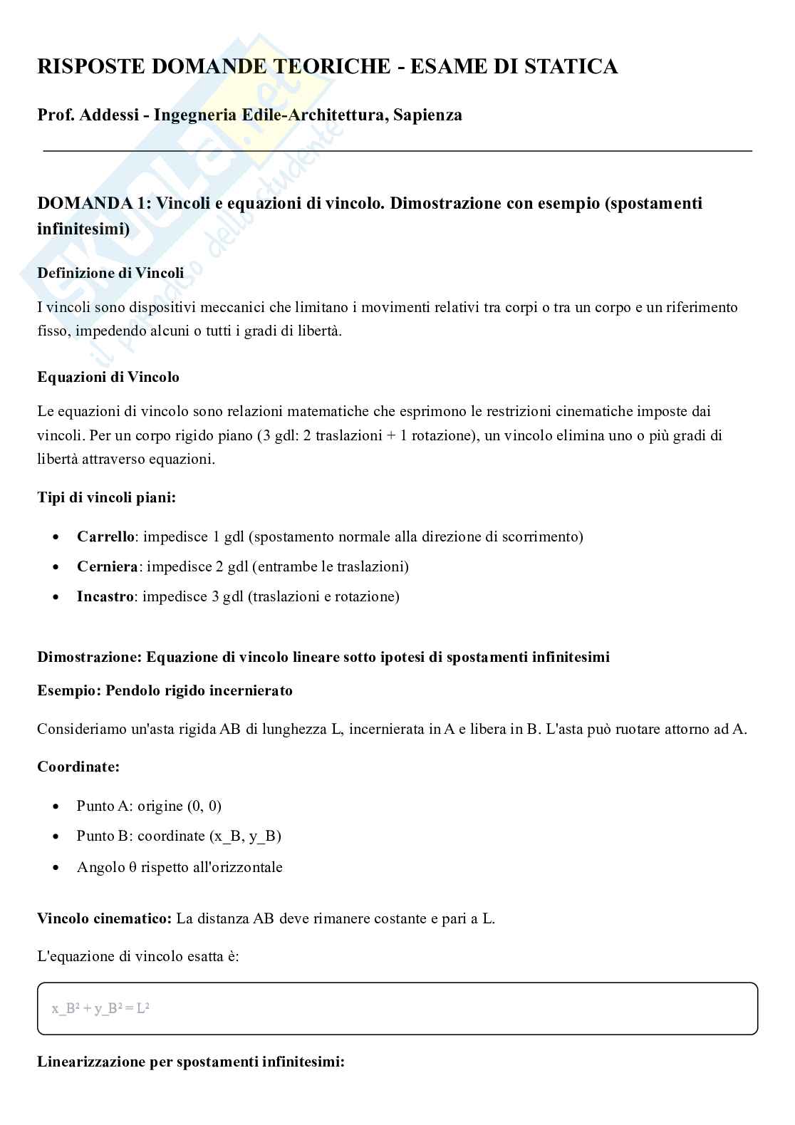 Tutte le domande teoriche di Statica – Risposte complete da esame, appunti di Statica Pag. 1