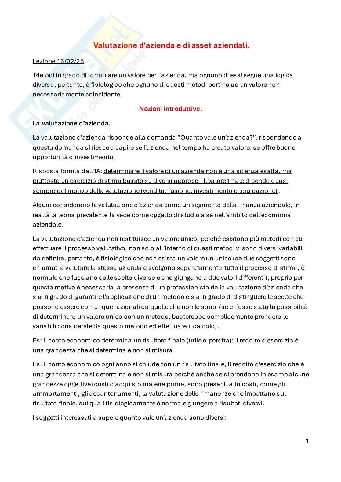 Appunti Valutazione d'azienda e di asset aziendali Pag. 1