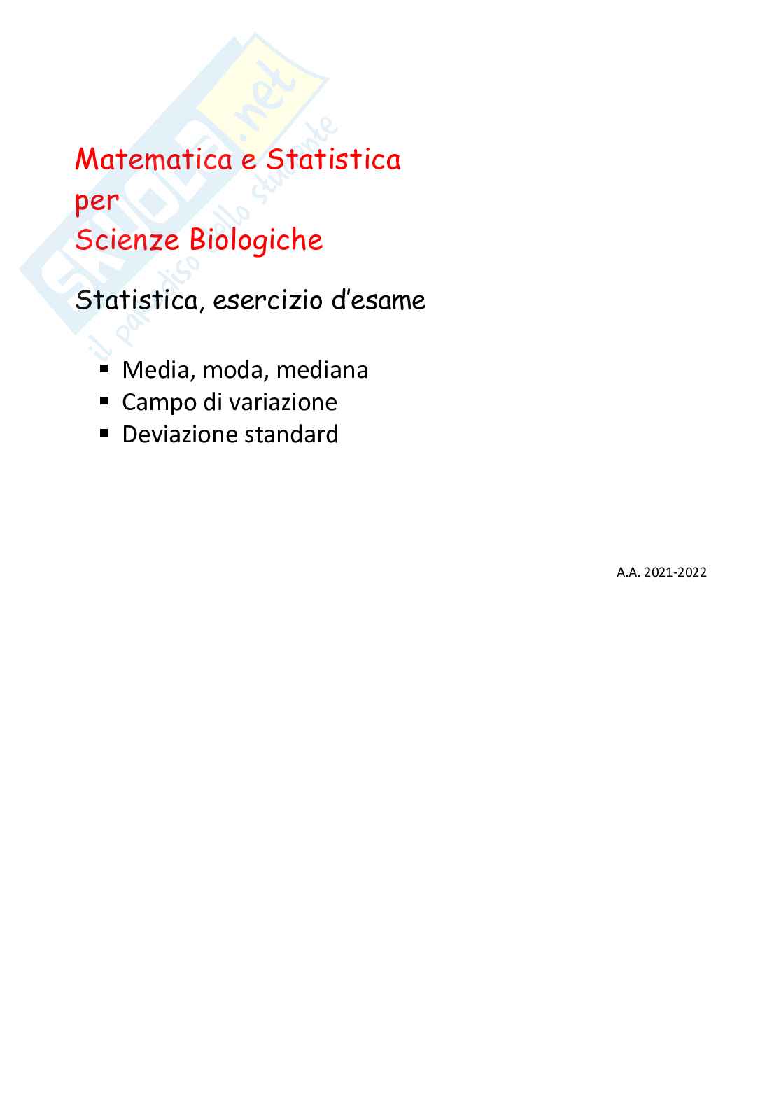 Matematica e statistica -  Esempio di prova d'esame svolta Pag. 1