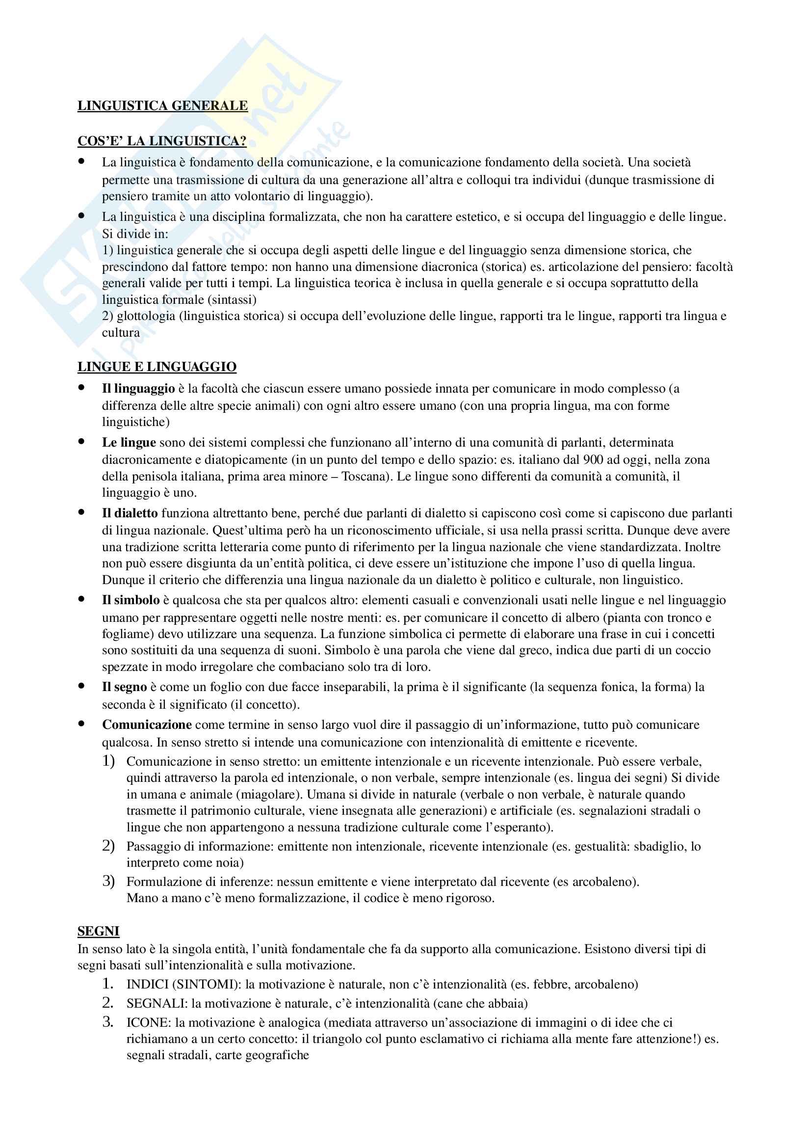 Riassunto esame: linguistica generale Pag. 1