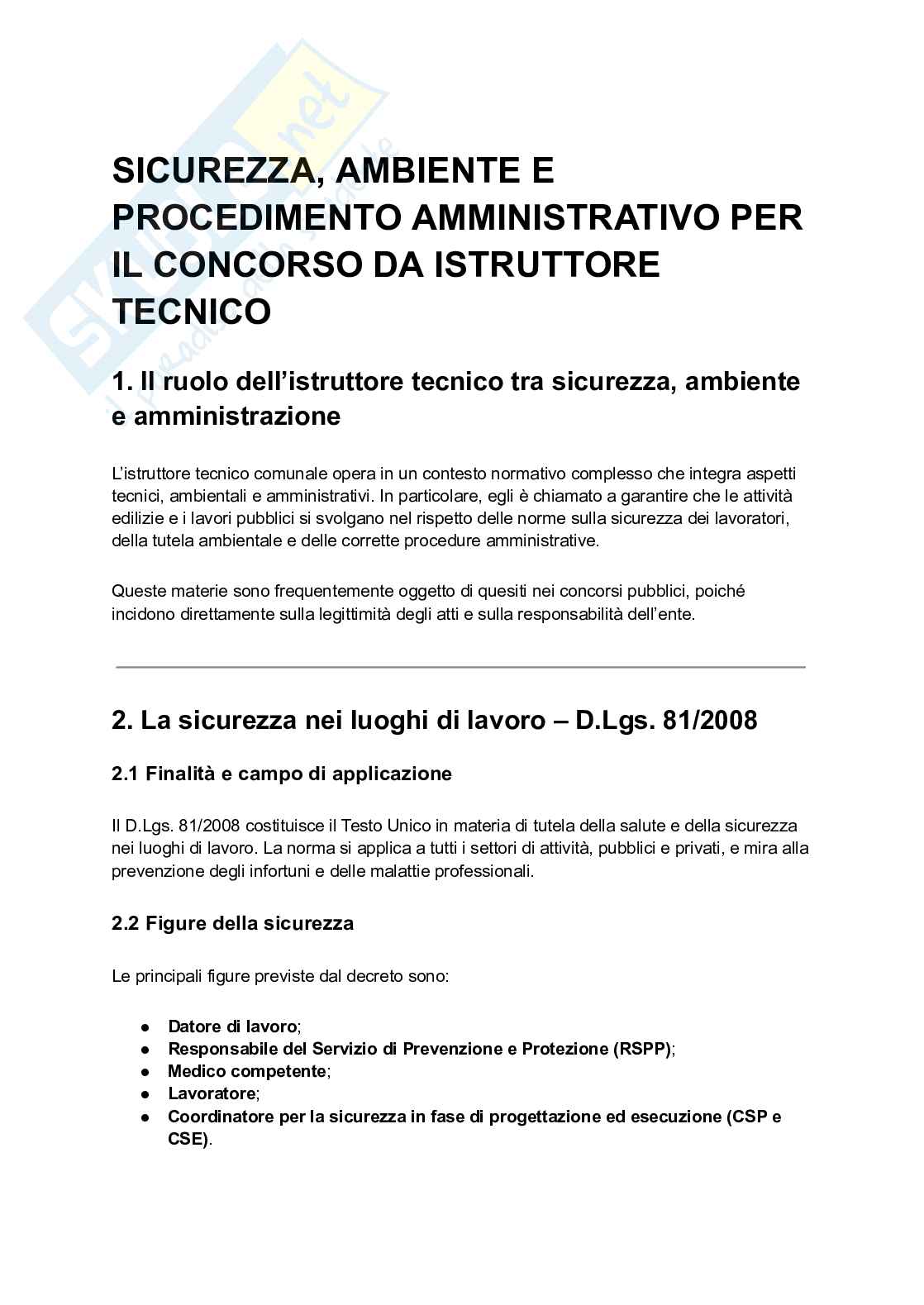 Concorso da istruttore tecnico, argomenti di  sicurezza, ambiente e procedimento amministrativo  Pag. 1