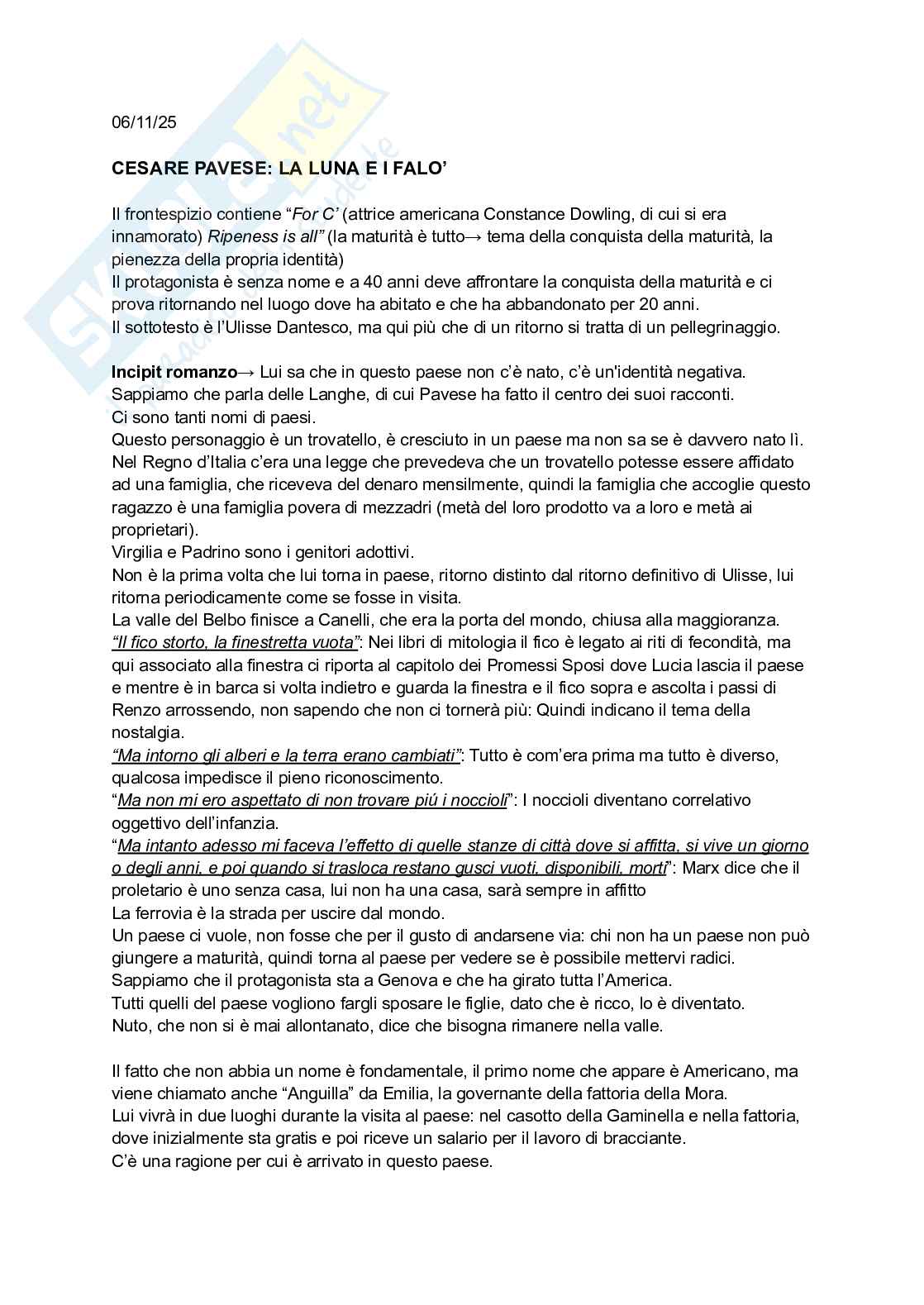 Appunti di Letteratura italiana moderna e contemporanea su “La luna e i falò” Pag. 1