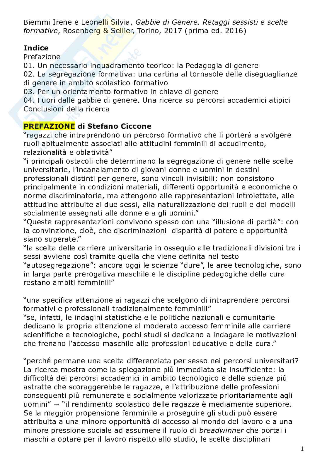 Riassunto esame Pedagogia di Genere, prof. Biemmi, libro consigliato Gabbie di genere, Biemmi Pag. 1