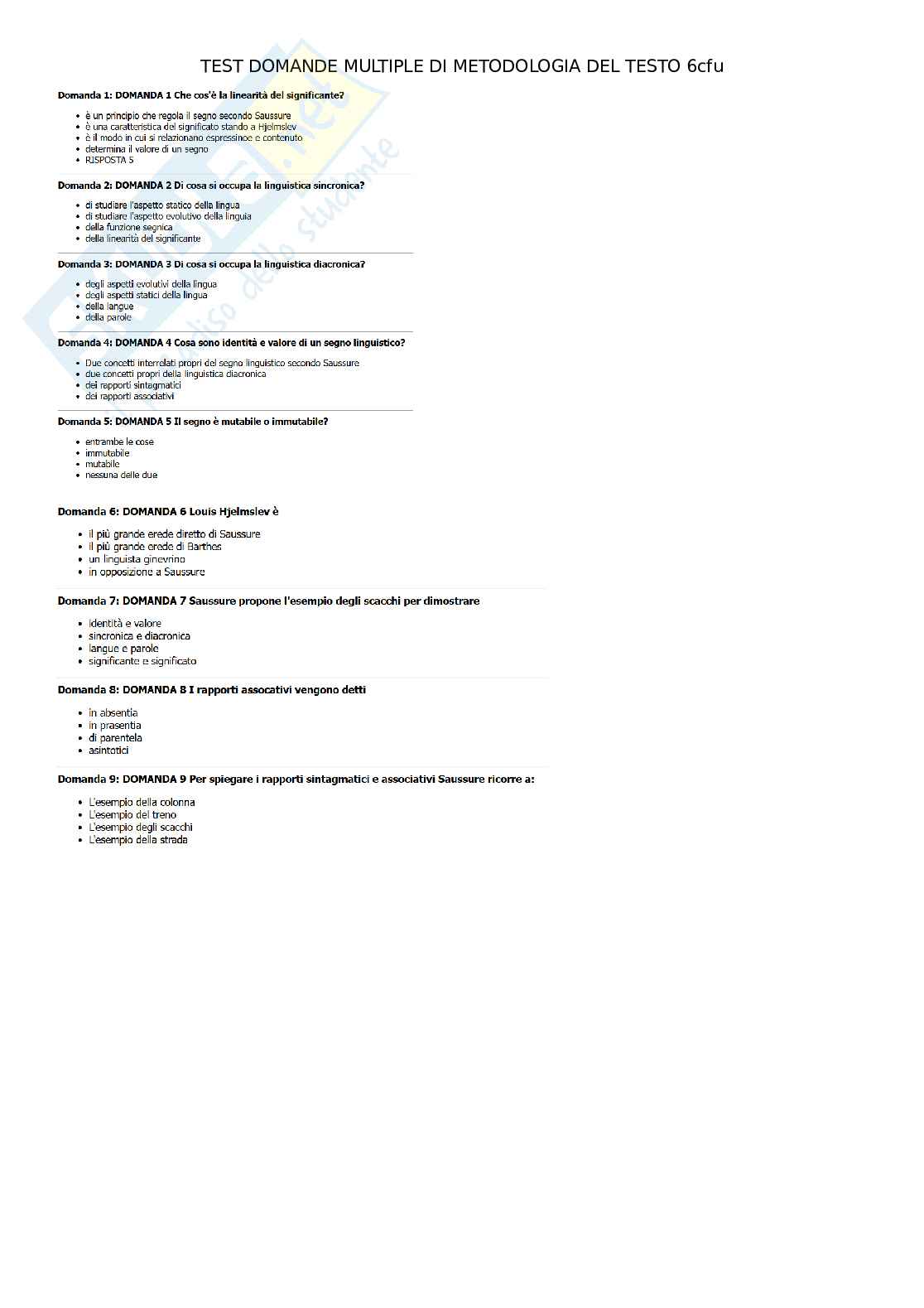 Test domande multiple Metodologie di analisi del testo Pag. 1