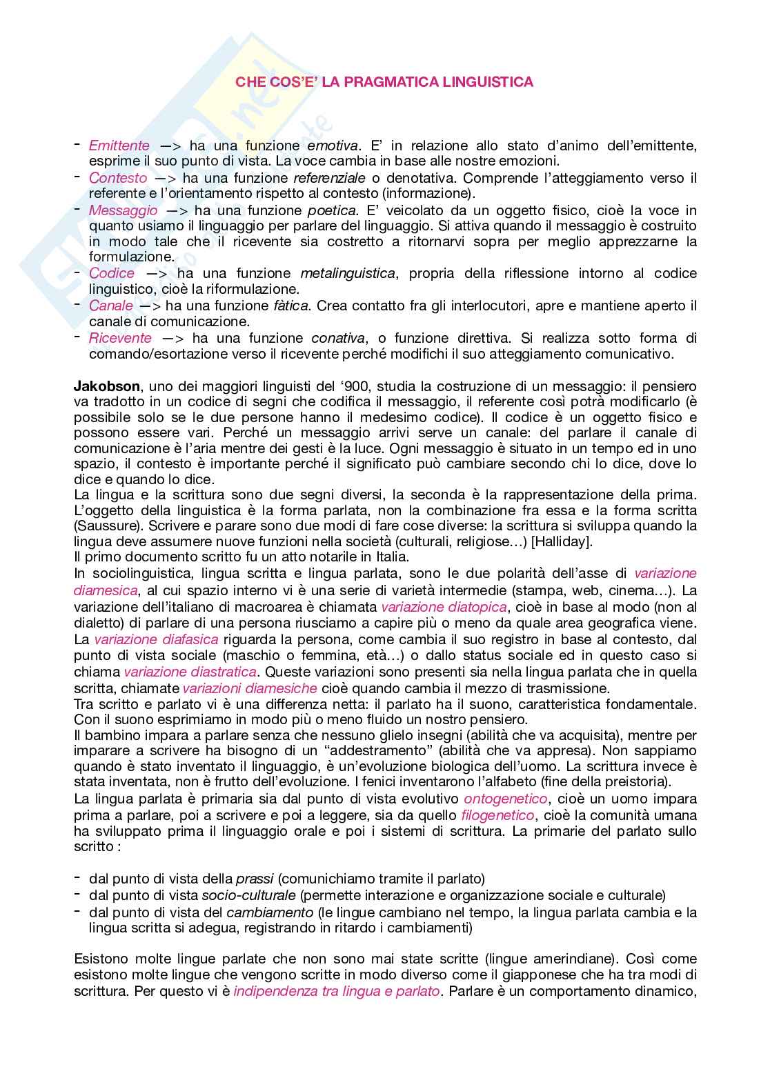 Riassunto esame Linguaggio e comunicazione, Prof. Panunzi Alessandro, libro consigliato Che cos'è la pragmatica linguistica, Panunzi Pag. 1