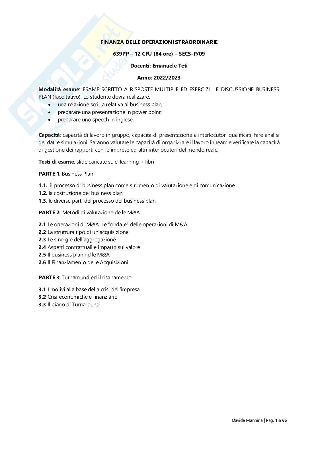 Appunti Finanza delle operazioni straordinarie Pag. 1