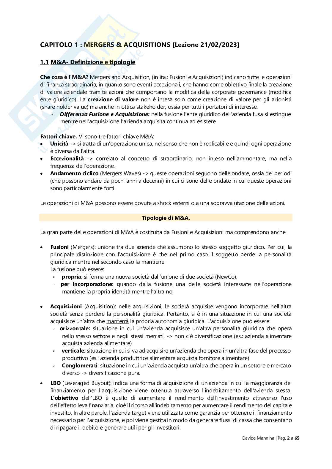 Appunti Finanza delle operazioni straordinarie Pag. 2