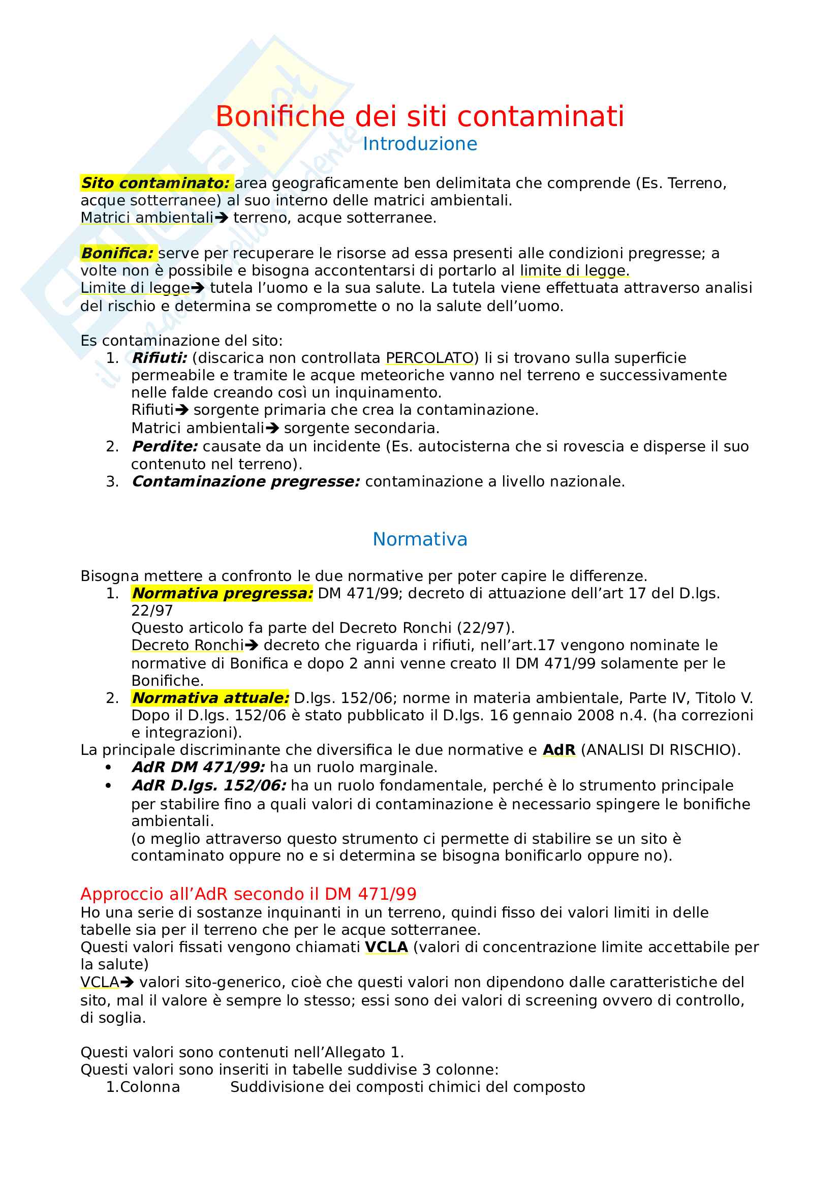 Riassunto Bonifiche dei siti contaminati Pag. 1