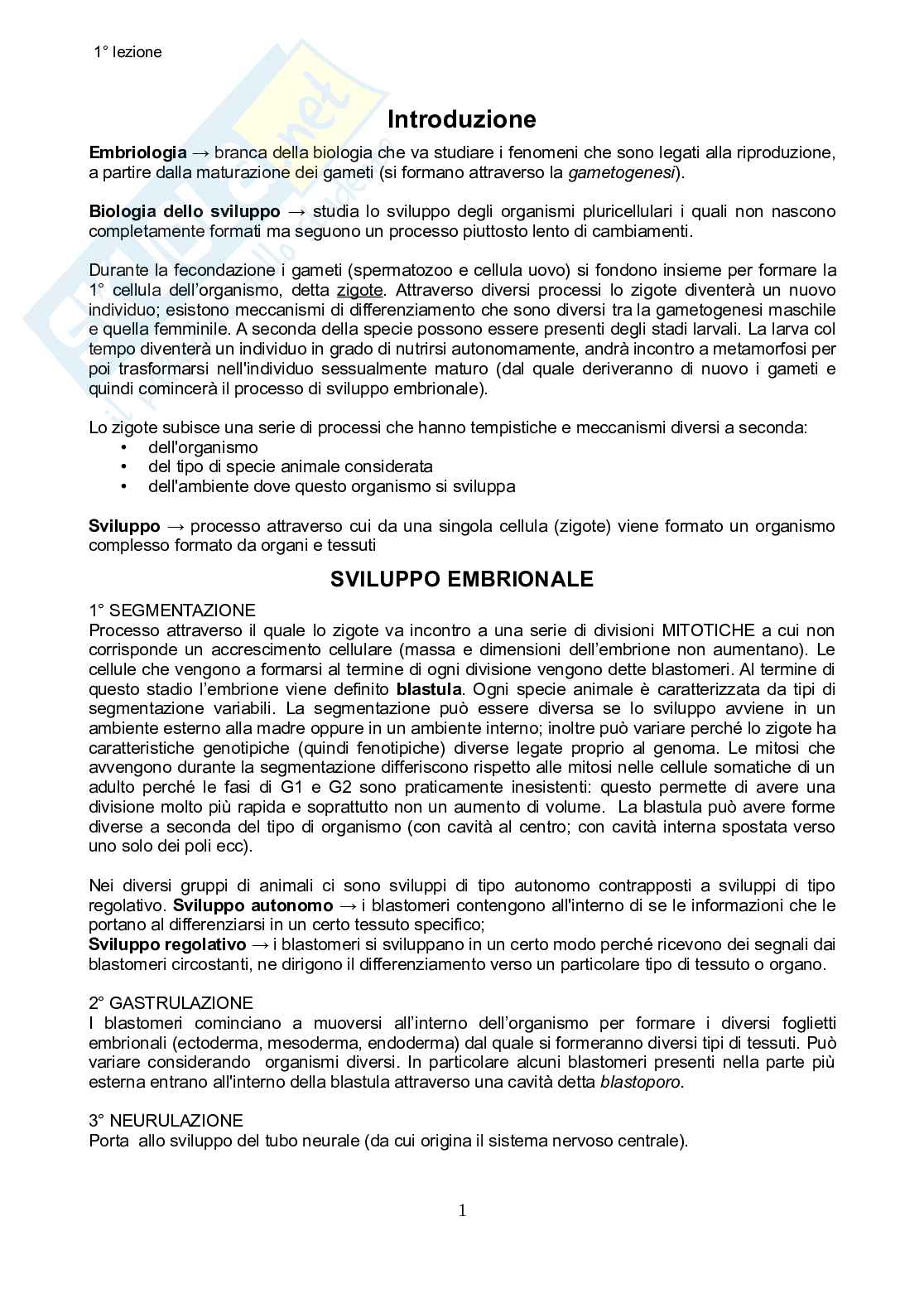 Appunti rielaborati e integrati - Biologia dello Sviluppo Pag. 1