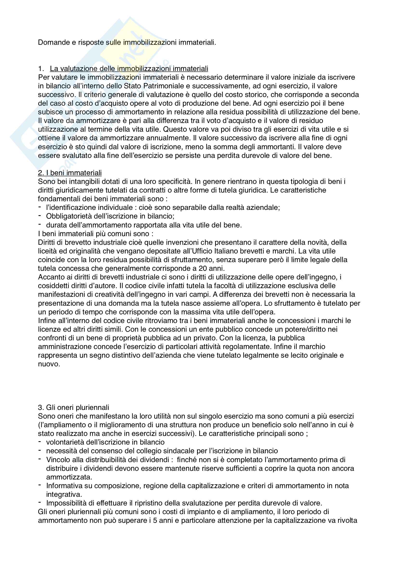 Immobilizzazioni immateriali. domande e risposte aspetti contabili. Pag. 1