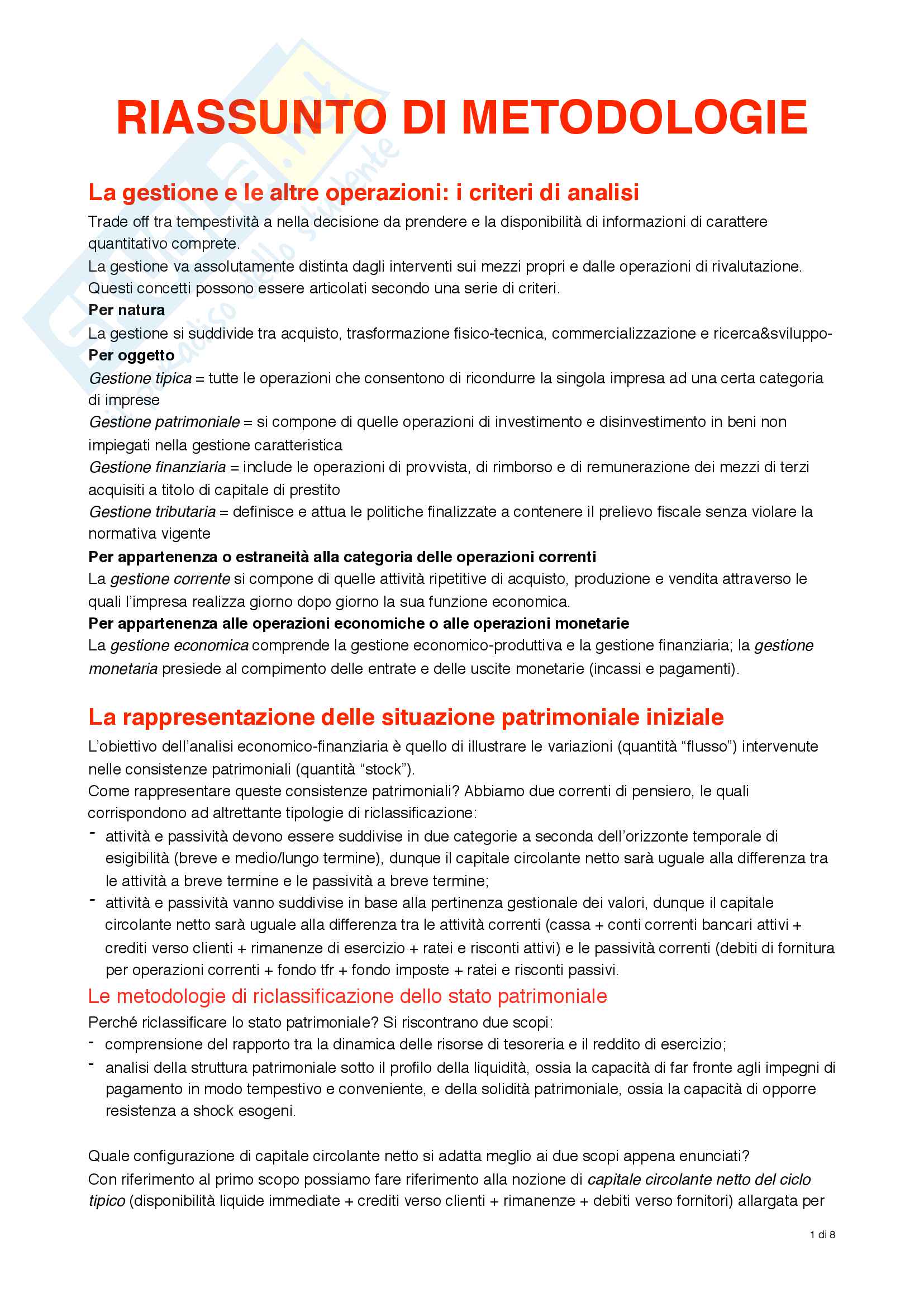 Metodologie analisi di bilancio (riassunto) Pag. 1