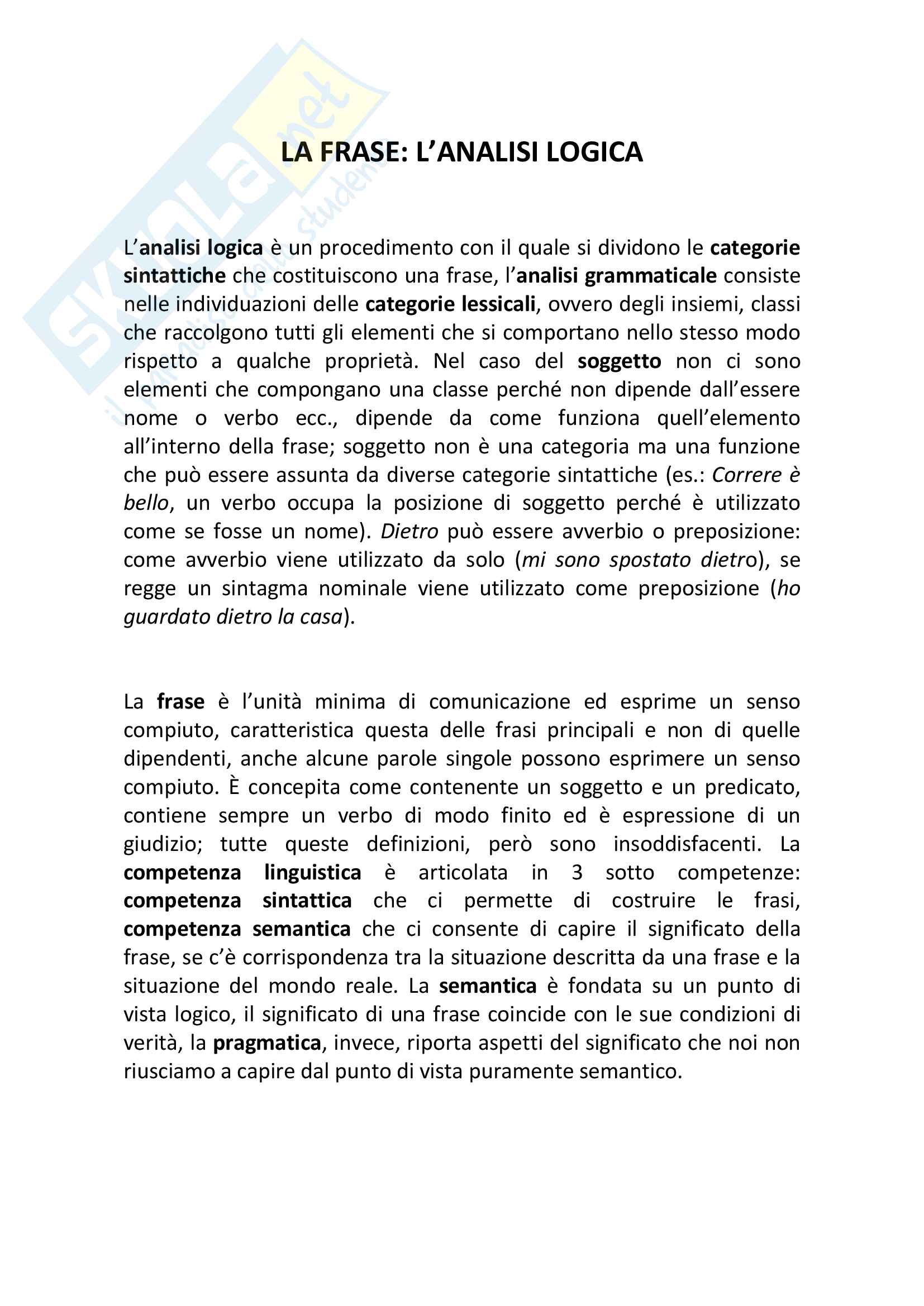 Riassunto Esame Linguistica Generale Prof De Masi Libro Consigliato La Frase L Analisi Logica Graffi