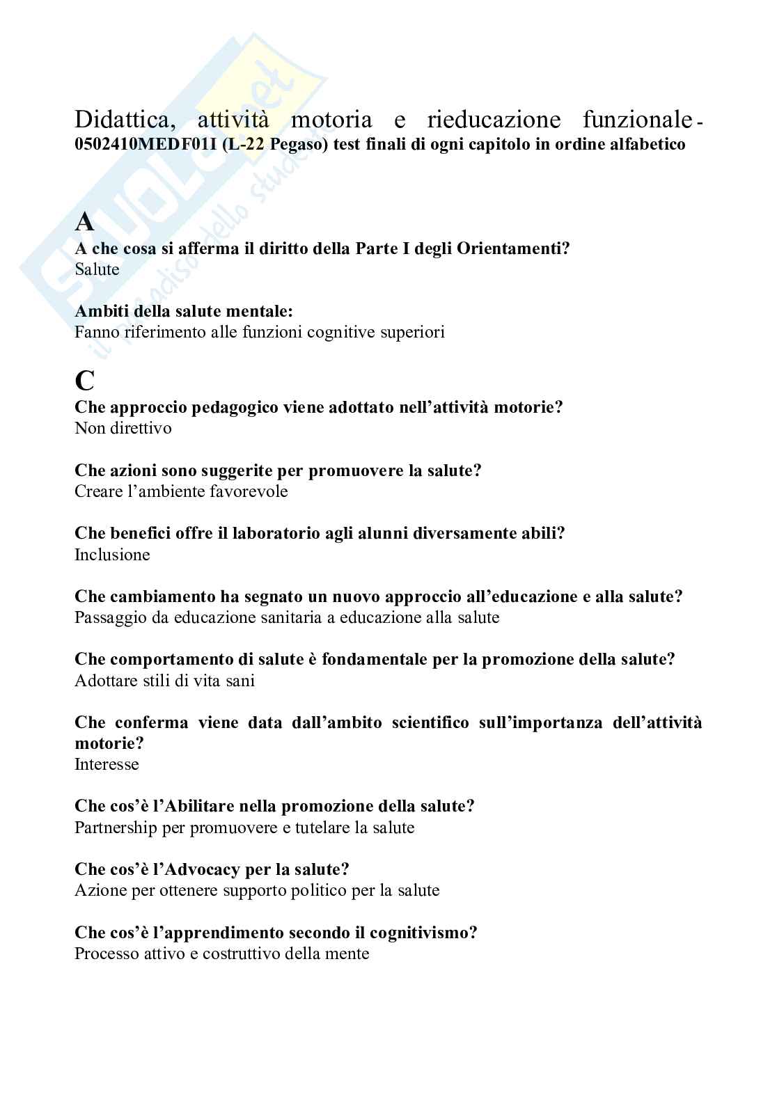 Paniere di Didattica, attività motoria e rieducazione funzionale, 2026 Pag. 1