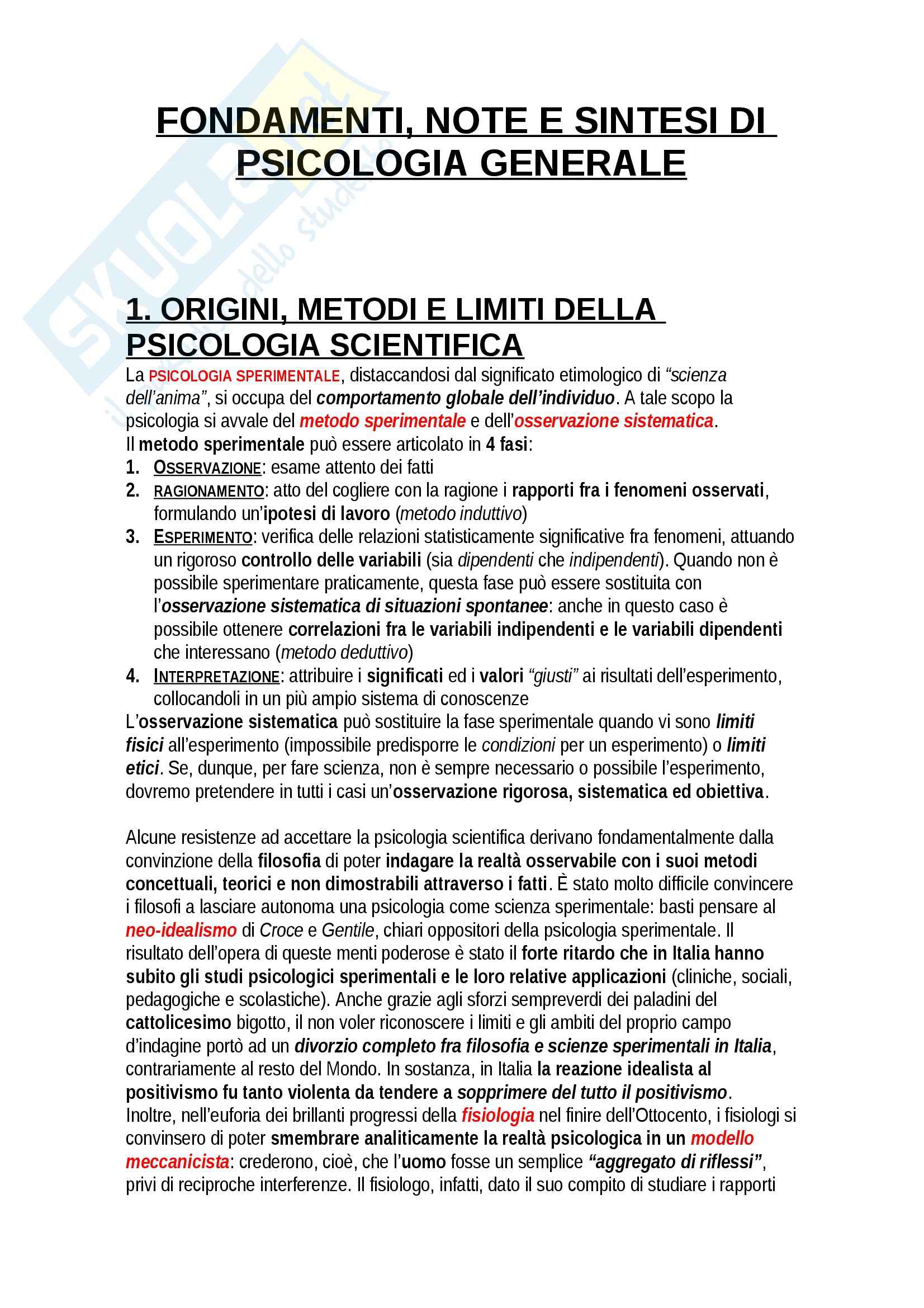Riassunto esame Psicologia, prof. Giannini, libro consigliato Lineamenti, note e sintesi di psicologia generale, Bonaiuto, Giannini Pag. 1