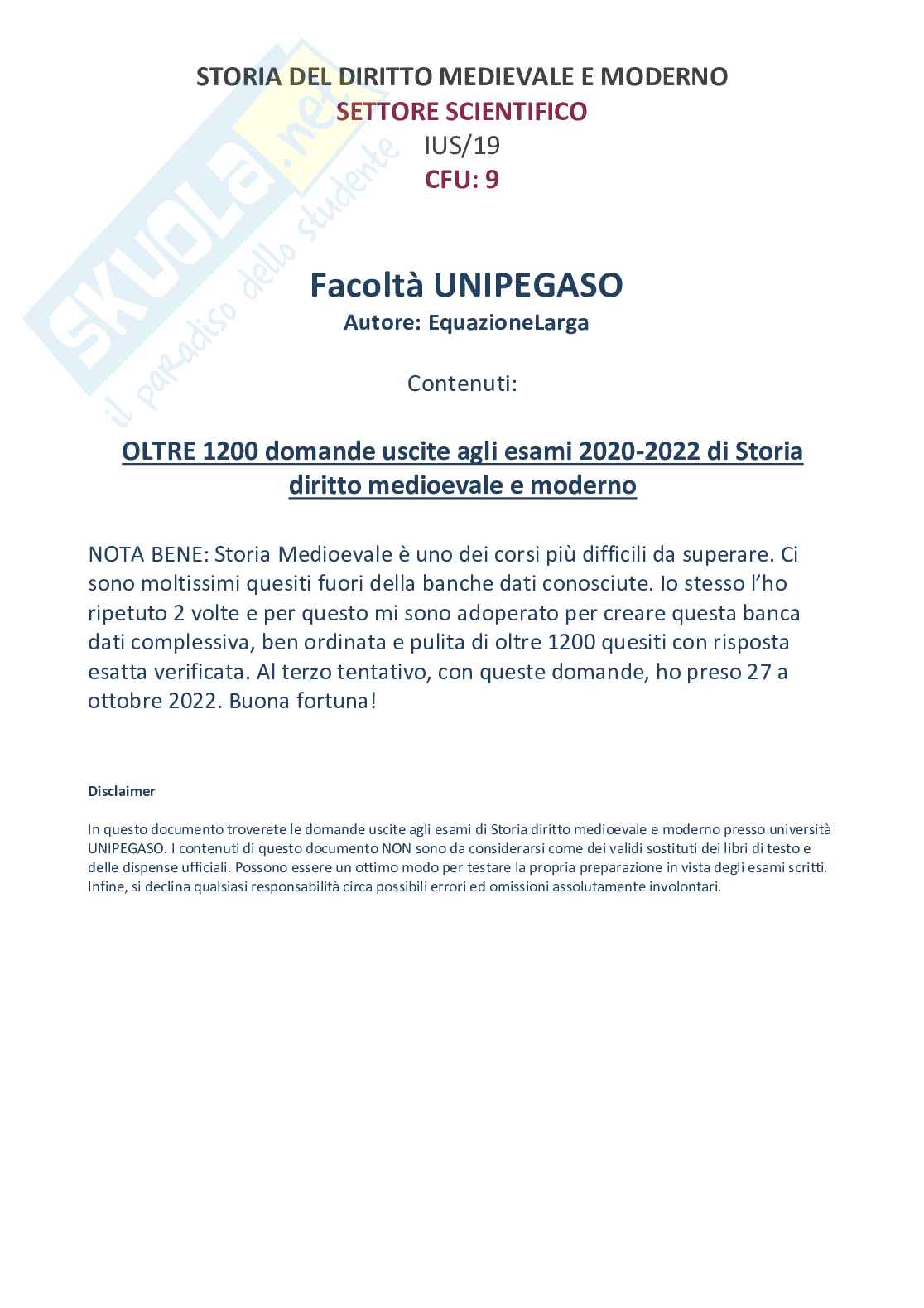 Test domande Storia diritto medievale e moderno Pag. 1