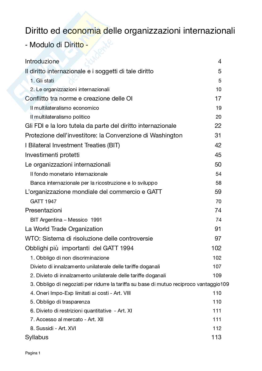 Diritto ed Economia delle Organizzazioni Internazionali Pag. 1