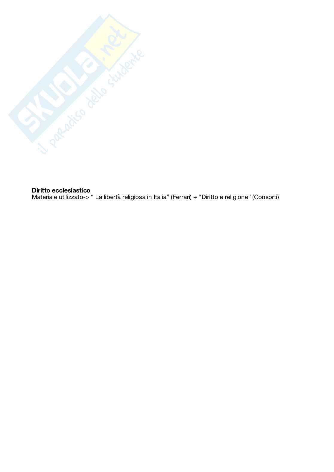 Riassunto esame Diritto ecclesiastico, Prof. Croce Marco, libro consigliato La libertà religiosa in Italia, Consorti Pag. 1
