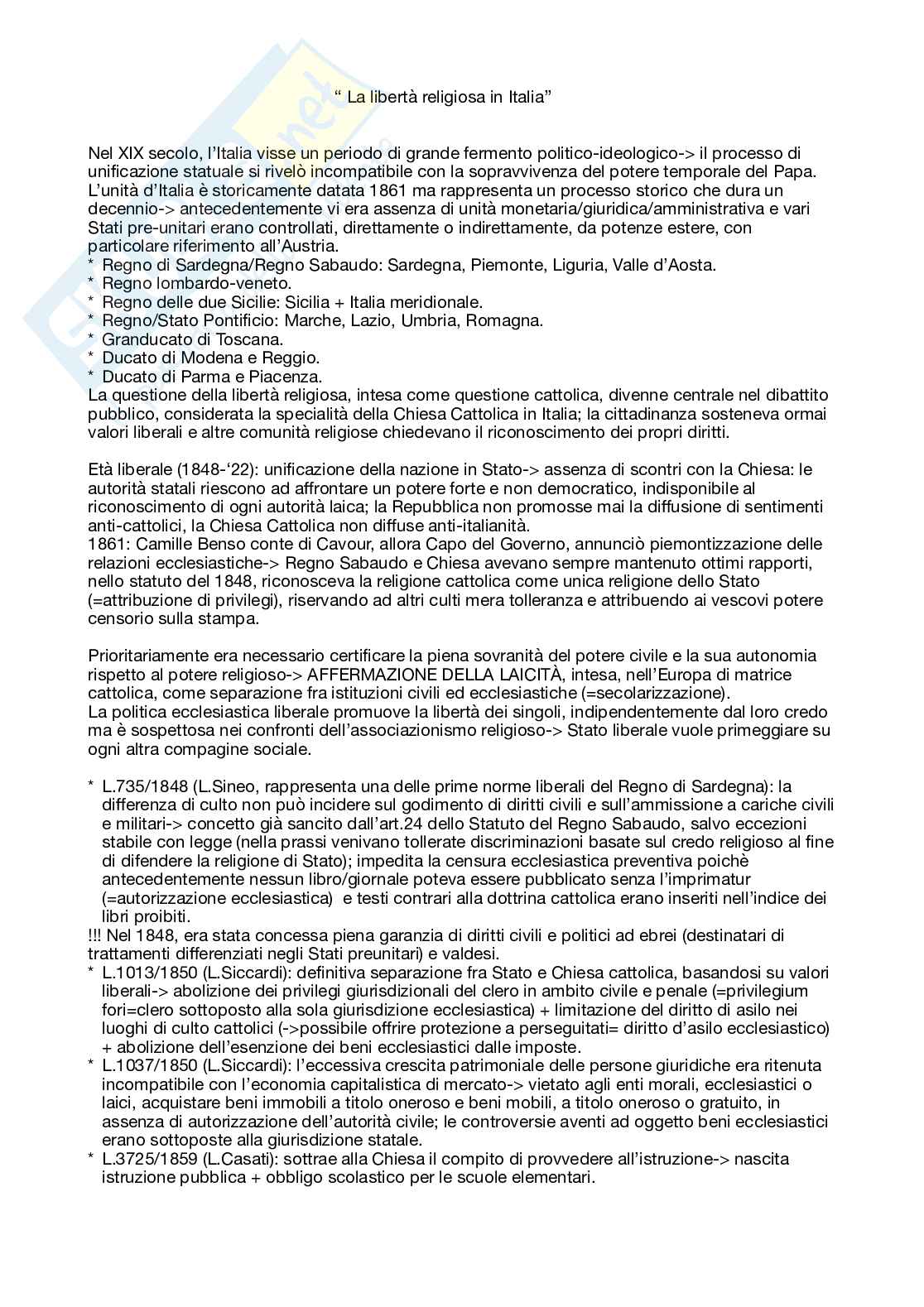 Riassunto esame Diritto ecclesiastico, Prof. Croce Marco, libro consigliato La libertà religiosa in Italia, Consorti Pag. 2