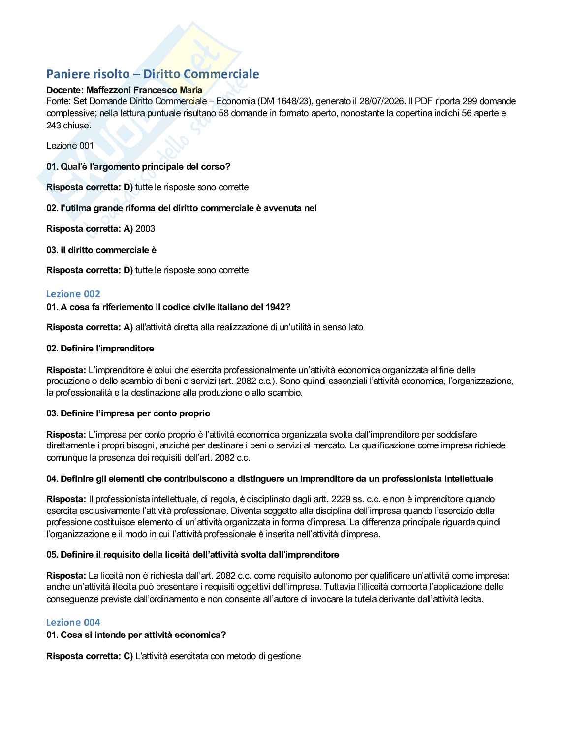 Quiz + aperte Diritto commerciale aggiornato al 2026 Pag. 1
