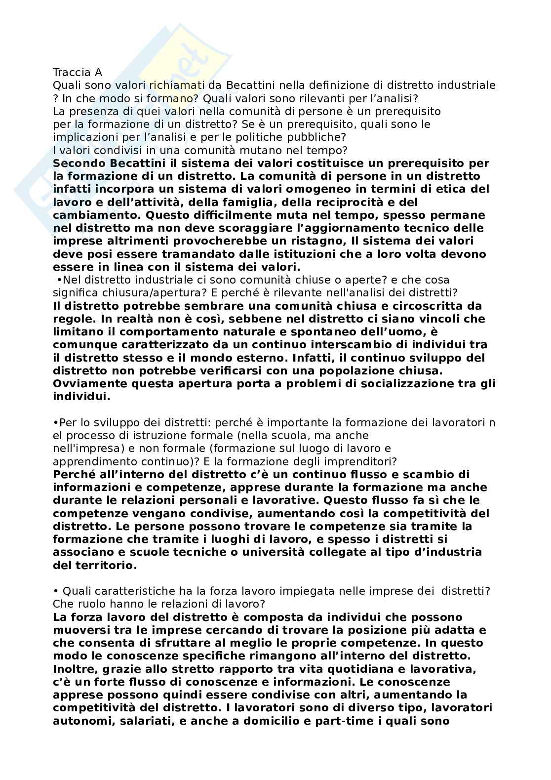 Domande aperte esame Economia e istituzioni dei distretti industriali Pag. 1