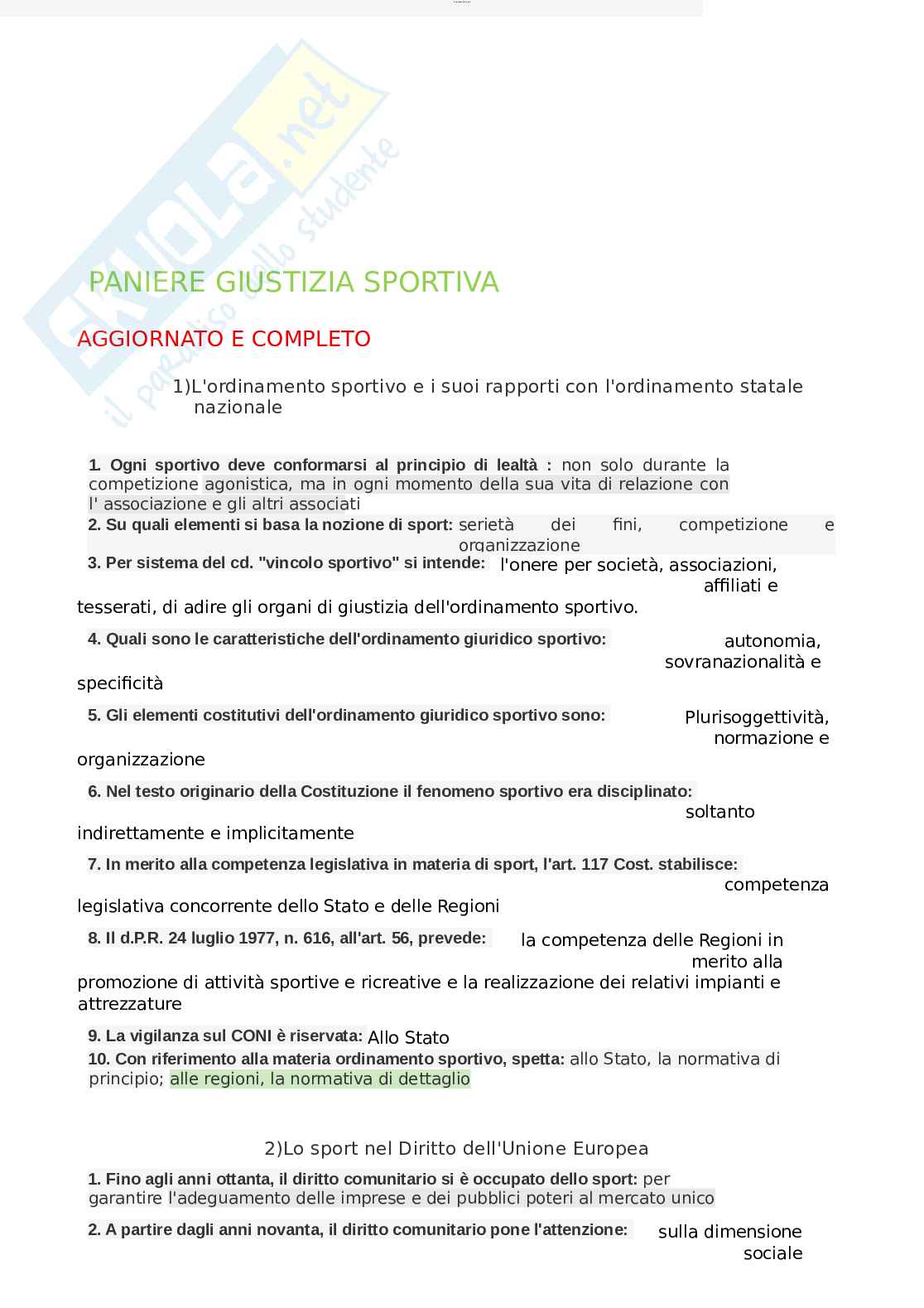 Paniere esame Giustizia sportiva Pag. 1