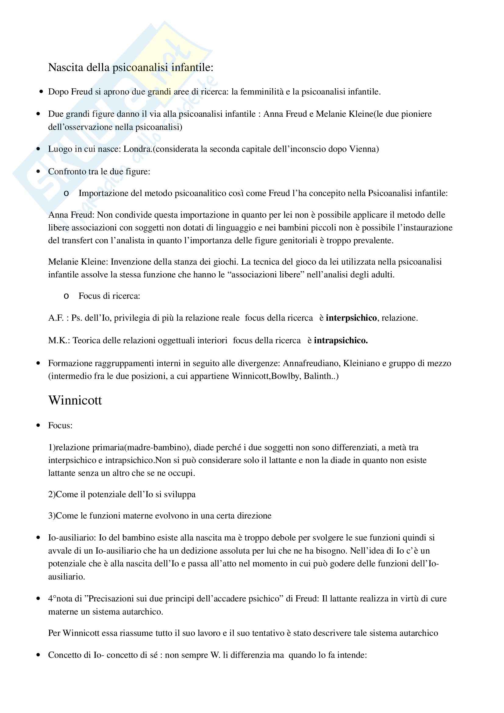 Schema su Winnicott,  Psiconalisi dello sviluppo Pag. 1
