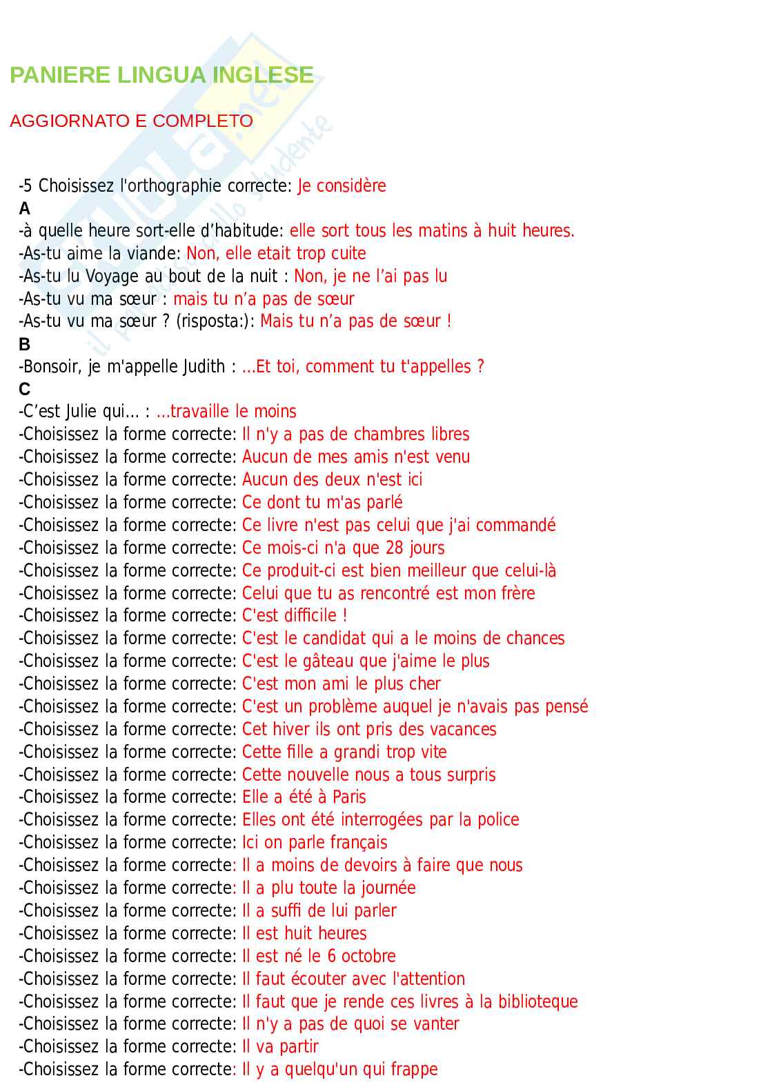 Paniere Francese. Domande e risposte Lingua Francese. Aggiornato e completo. In ordine Pag. 1
