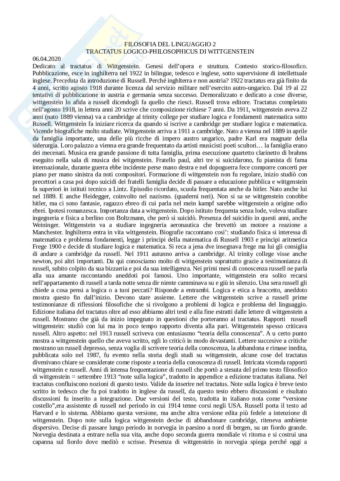 Filosofia del linguaggio 2 - Wittgenstein Pag. 1