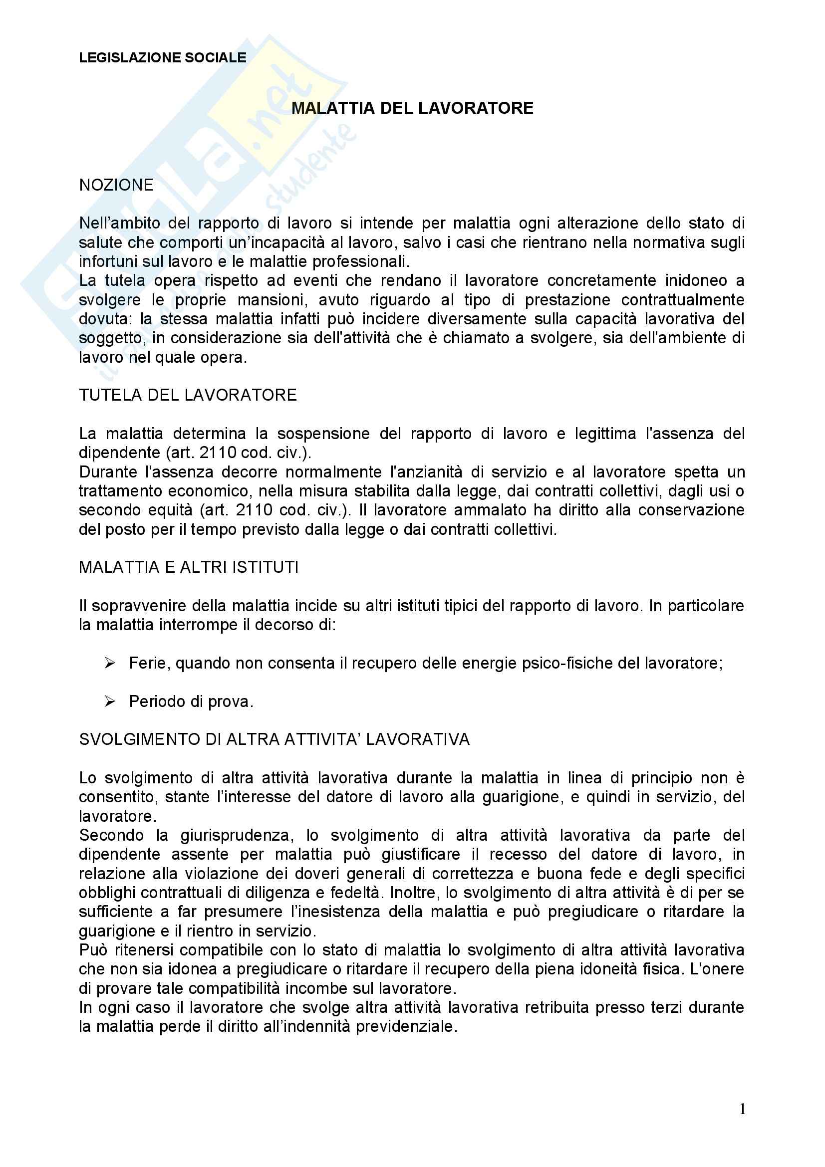 Diritto del lavoro - malattia del lavoratore Pag. 1