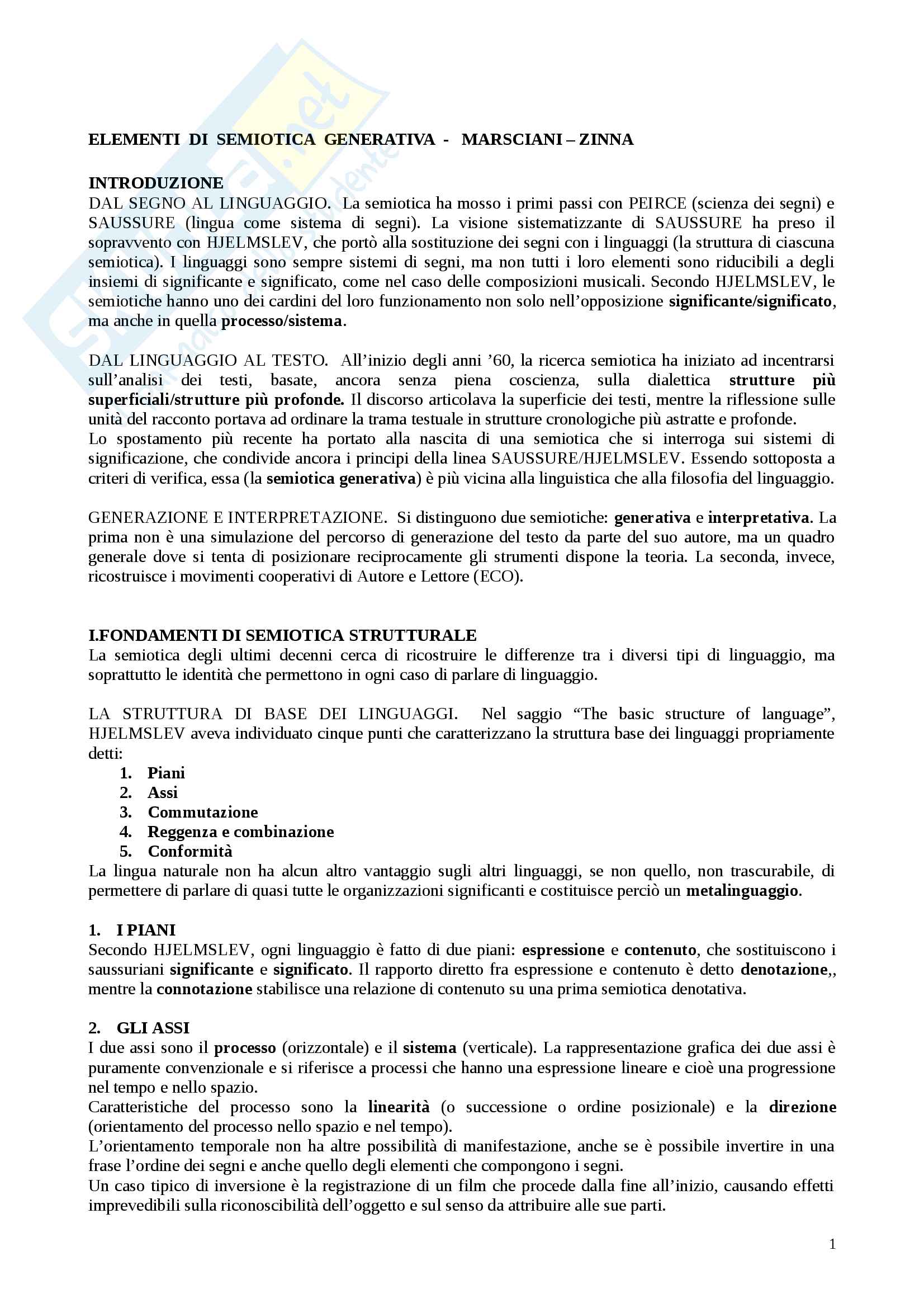 Riassunto esame Semiotica,docente Marsciani,libro consigliato Elementi Di Semiotica Generativa,Marsciani-Zinna Pag. 1