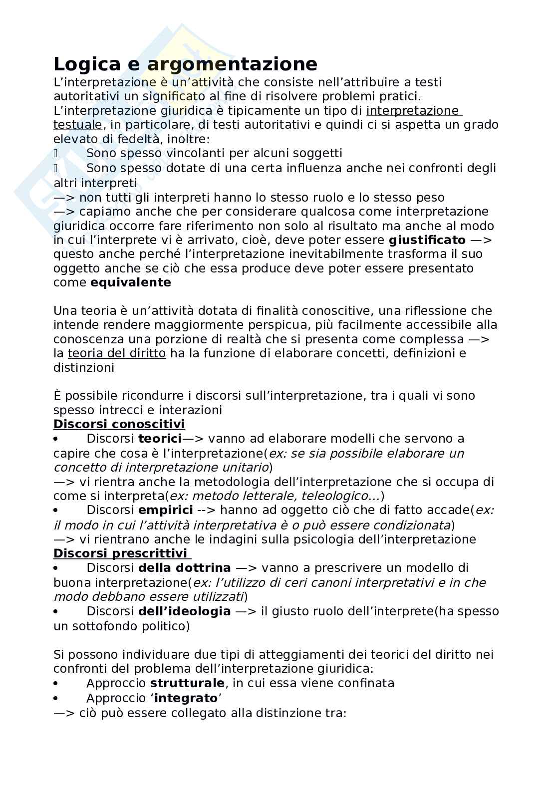 Riassunto esame Logica e argomentazione giuridica, Prof. Pino Giorgio, libro consigliato L'interpretazione del diritto, Pino Pag. 1