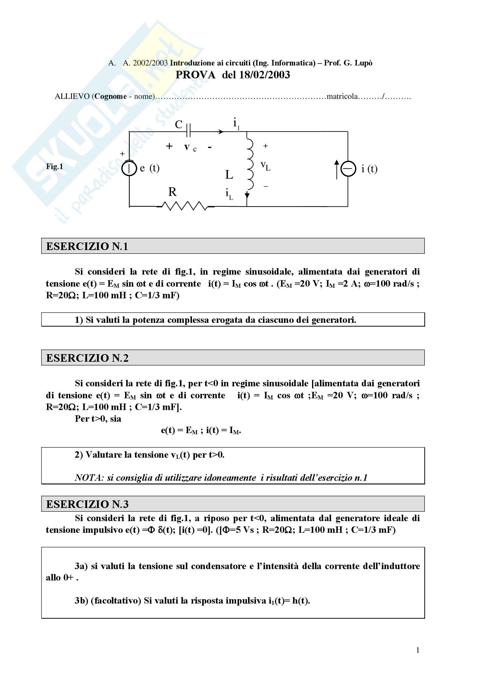 Introduzione ai circuiti - Esercizi Pag. 1