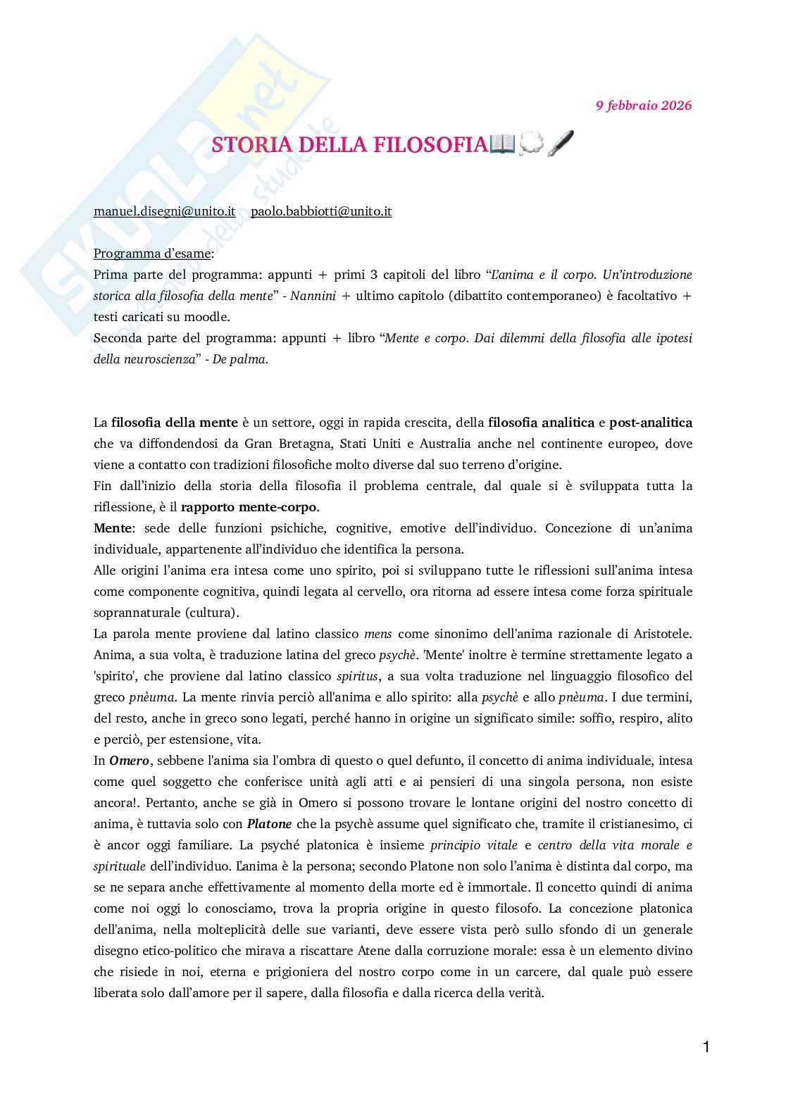 Appunti di Storia della filosofia  Pag. 1