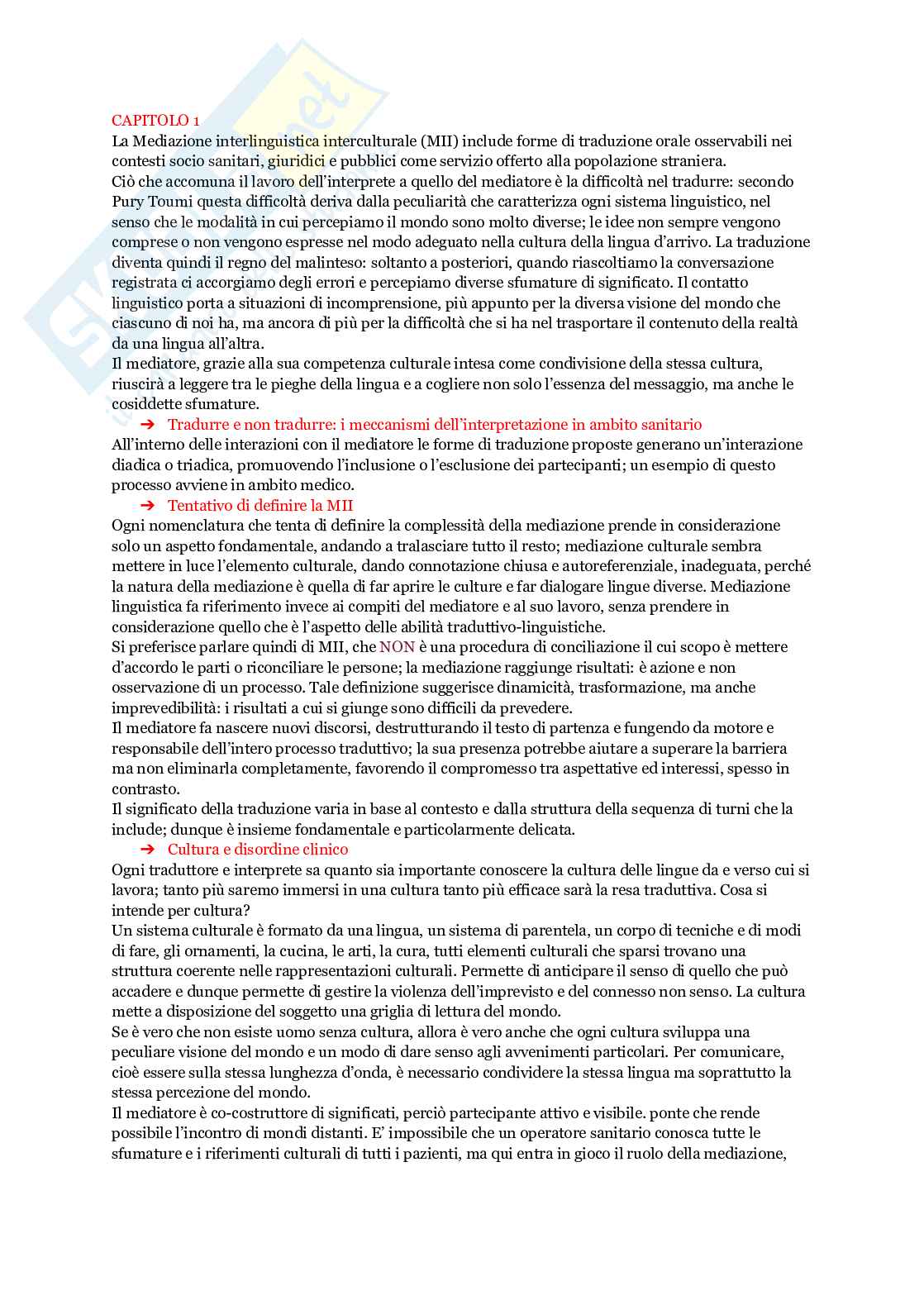 Riassunto esame Principi di linguistica, Prof. Pignataro Clara, libro consigliato Mediare, interpretare , Pignataro Pag. 1