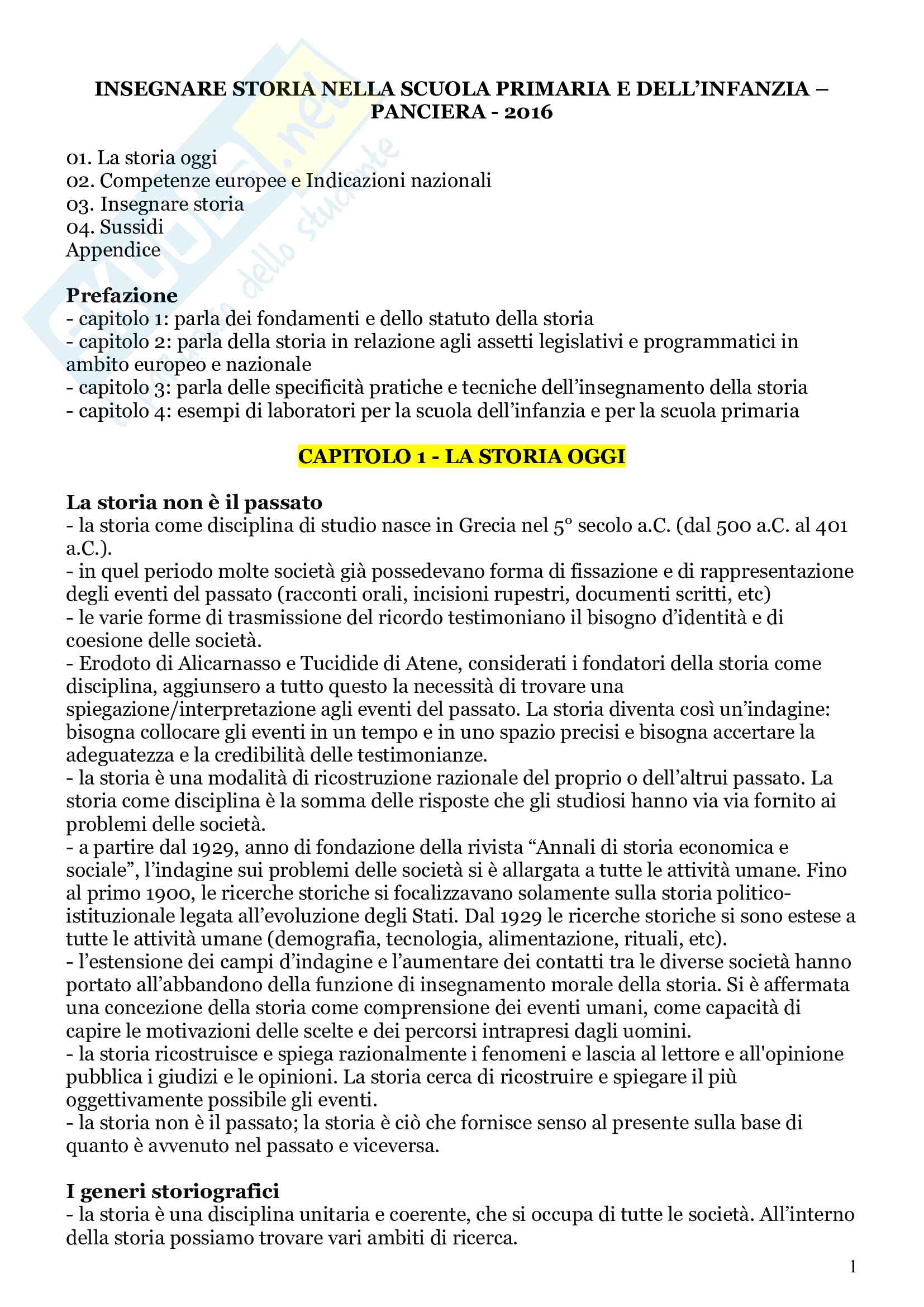 Riassunto esame Storia, prof. Baviello, libro consigliato Insegnare storia nella scuola primaria e dell'infanzia, Panciera Pag. 1