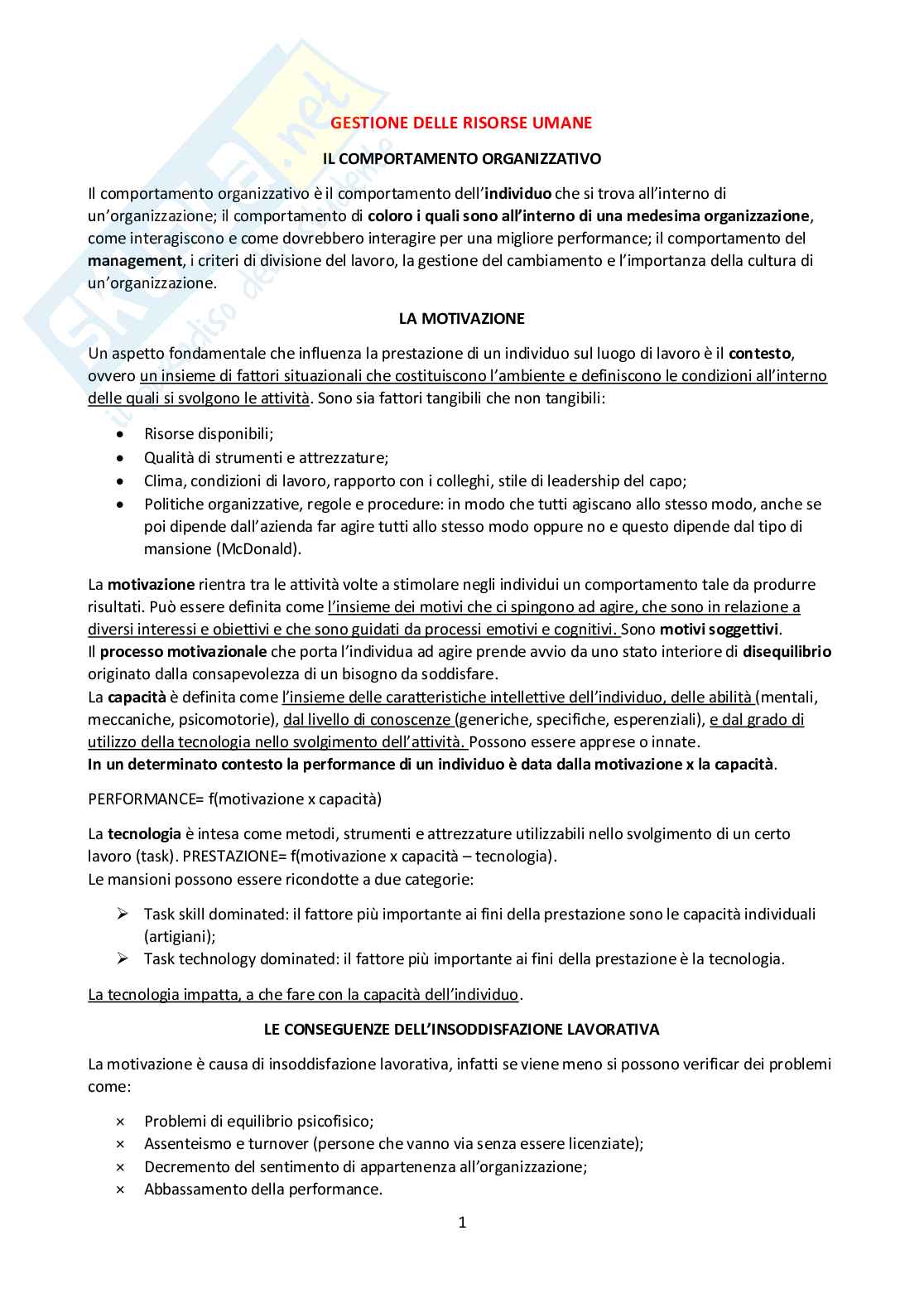 Gestione Delle Risorse Umane Riassunto Completo