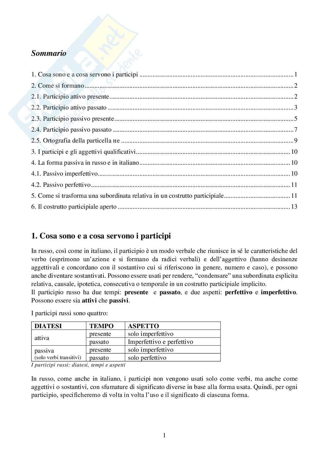 Participi: formazione, uso, trasformazione - Lingua e traduzione russa 3  Pag. 1