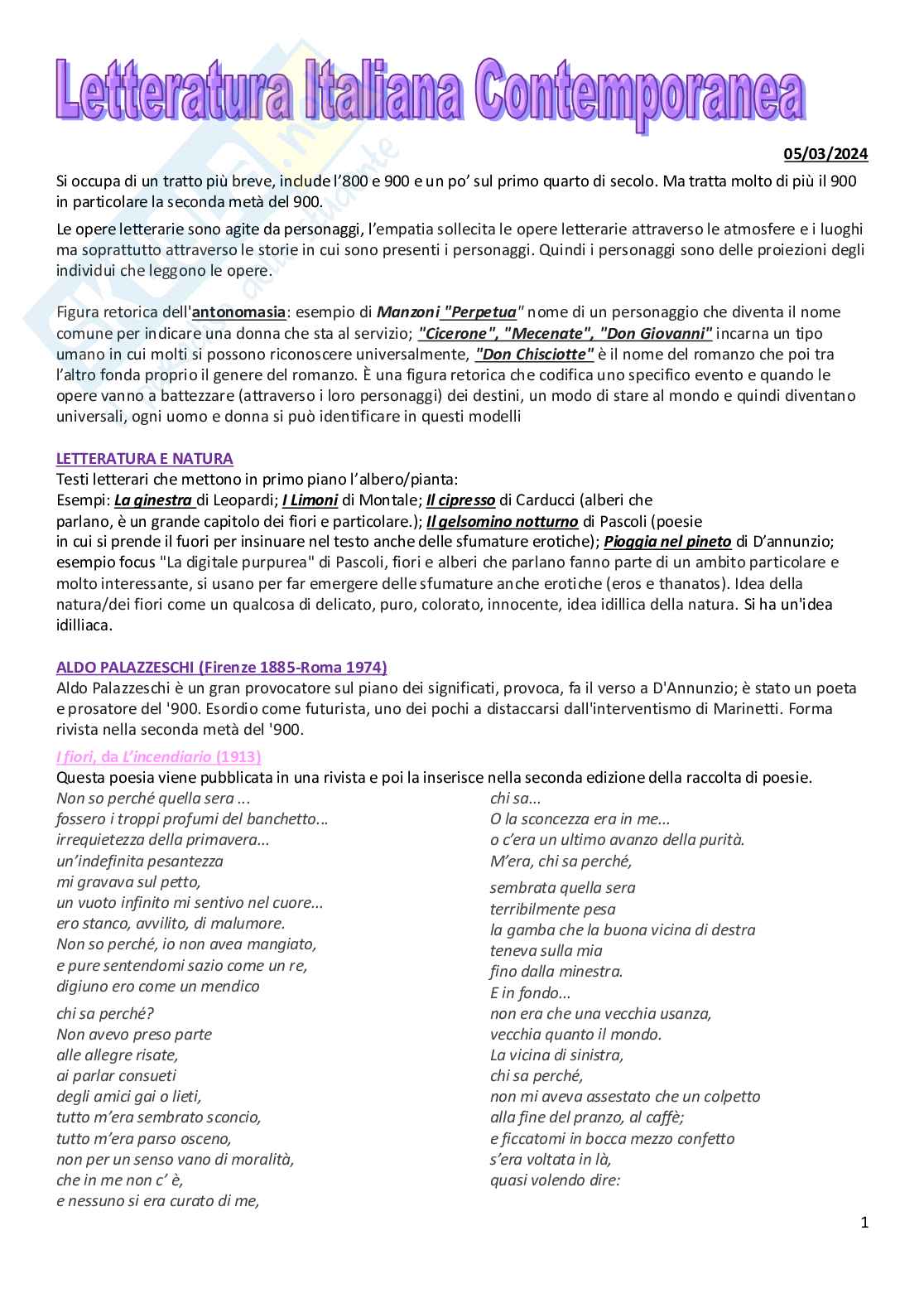 Appunti di Letteratura italiana contemporanea  Pag. 1