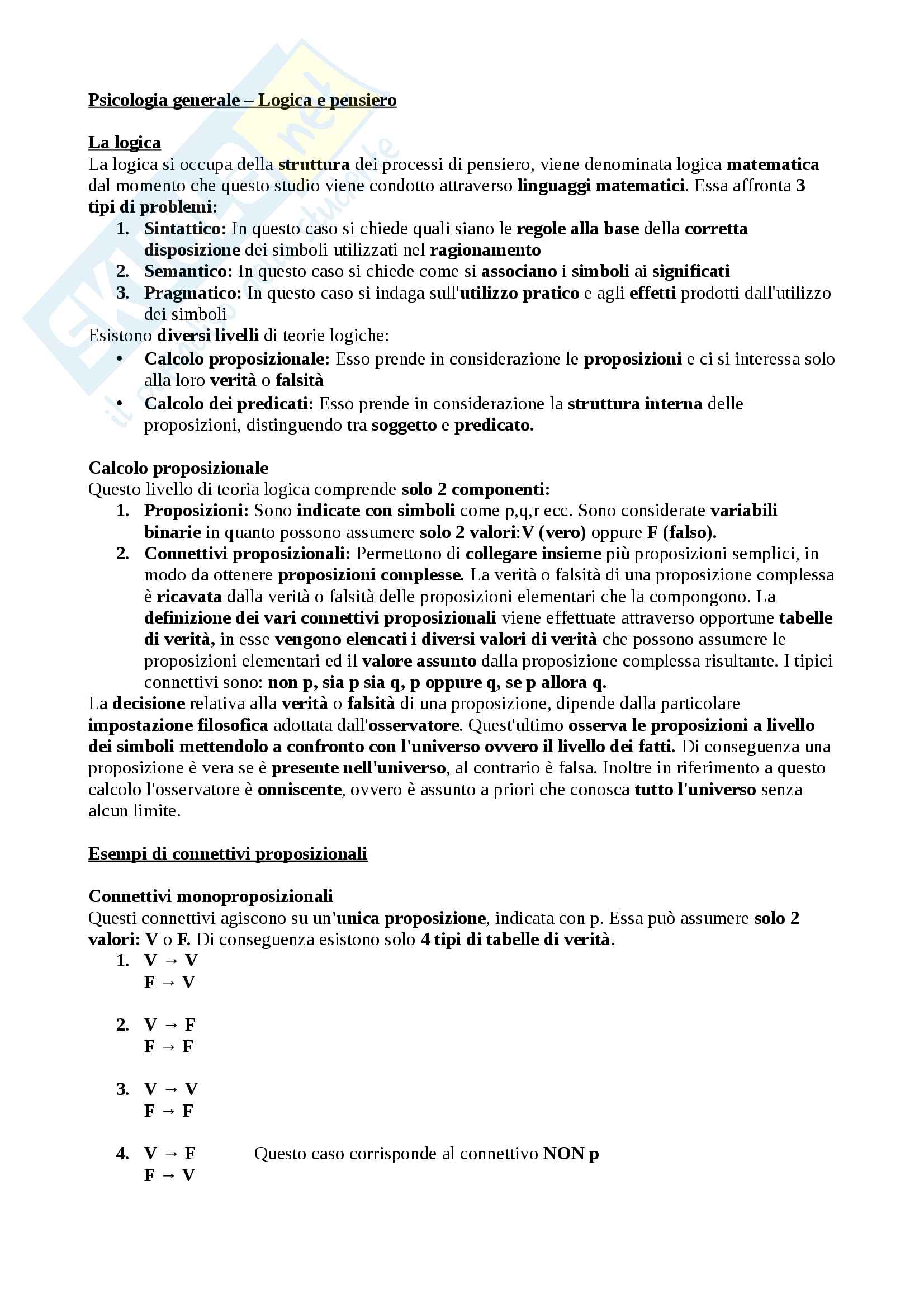 Riassunto esame Psicologia generale della sezione Logica e ragionamento, Docente Eliano Pessa Pag. 1