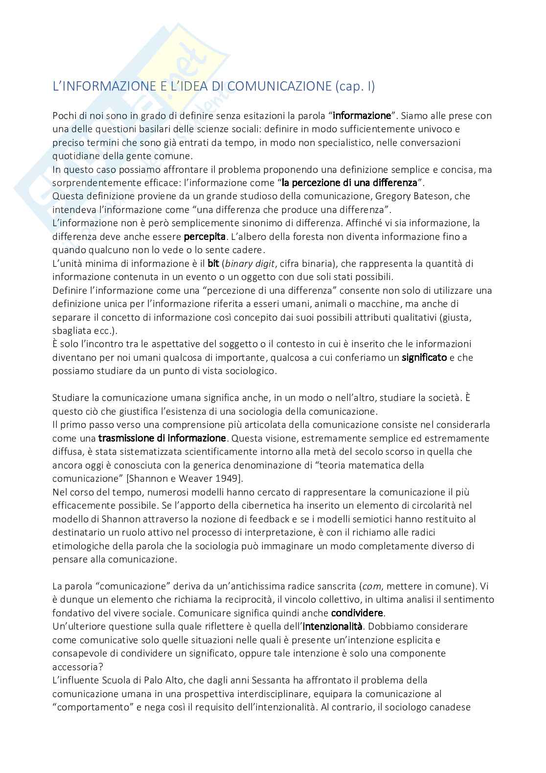Riassunto esame Sociologia della comunicazione, Prof. Ilardi Emiliano, libro consigliato Sociologia della comunicazione nell'era digitale, Paccagnella.L Pag. 1