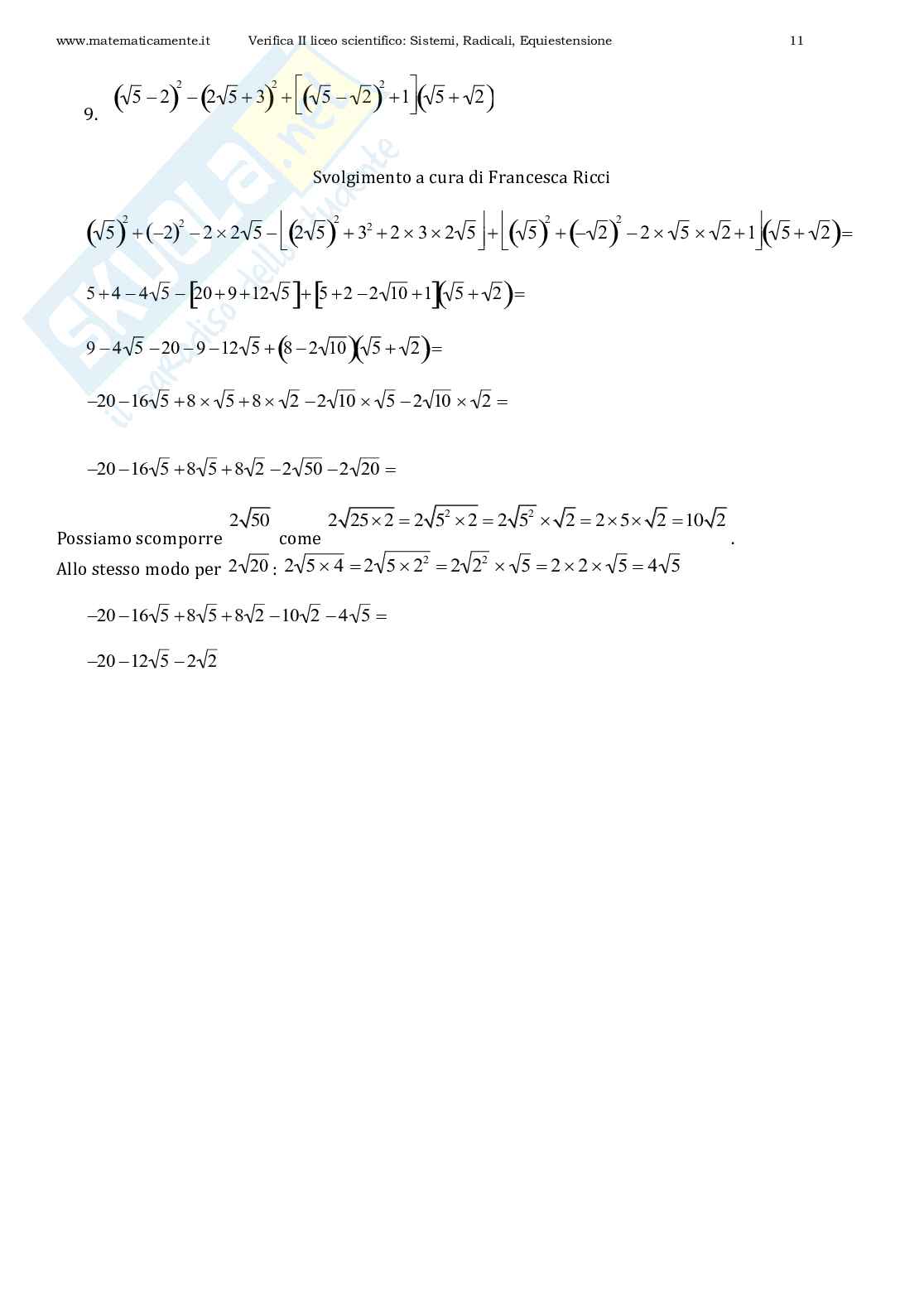 Compito in classe II liceo scientifico sistemi, radicali, equiestensione Pag. 11