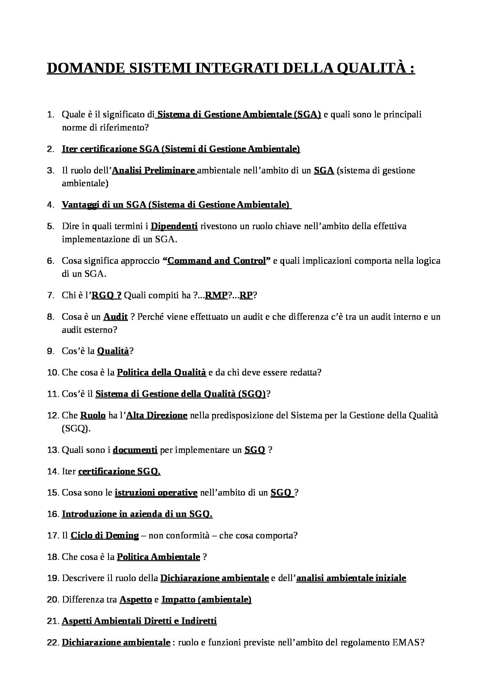 Sistemi Integrati della qualità - Domande Pag. 1