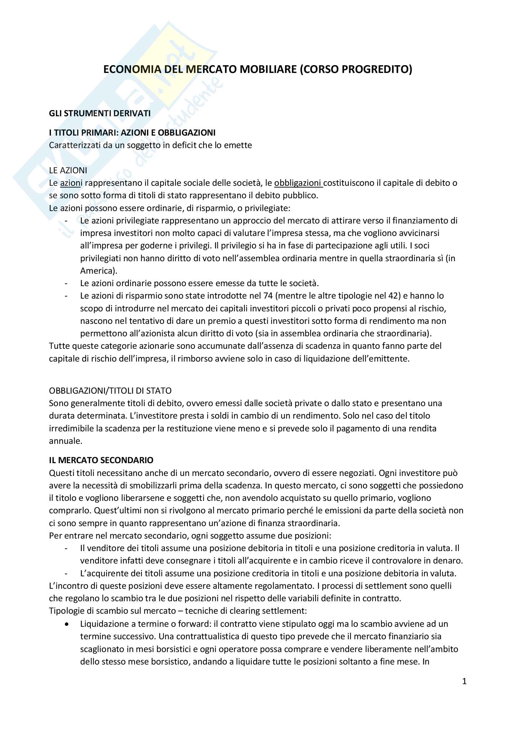 Economia del mercato mobiliare progredito Pag. 1