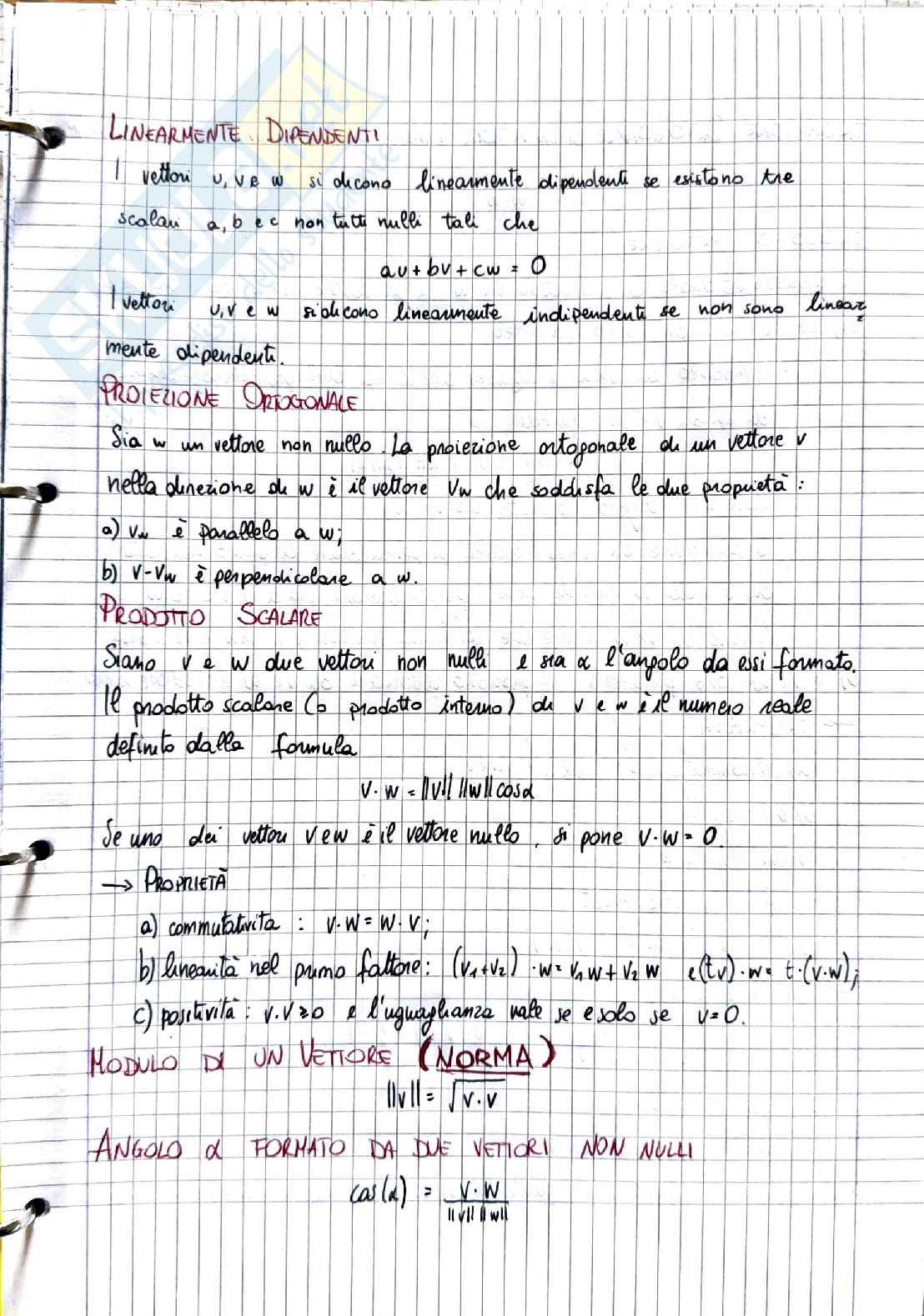 Geometria e algebra lineare: vettori, indipendenza lineare e prodotto scalare Pag. 1