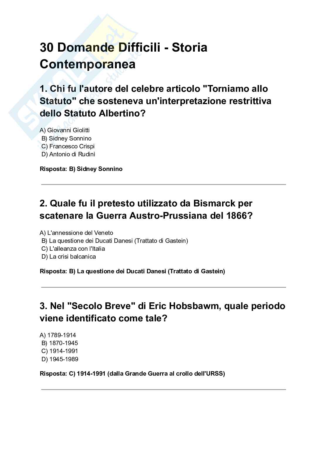 Domande di allenamento all'esame di Storia contemporanea Pag. 1