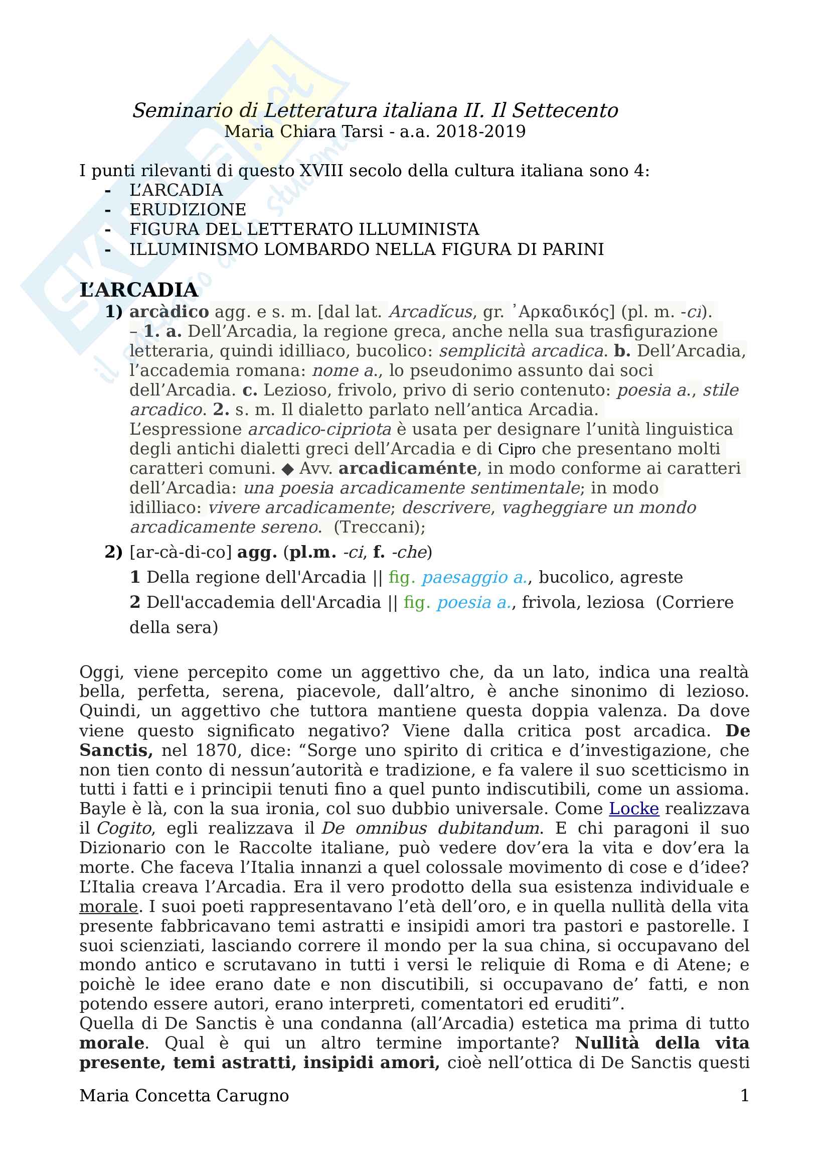 Seminario di Letteratura italiana II Il Settecento Pag. 1