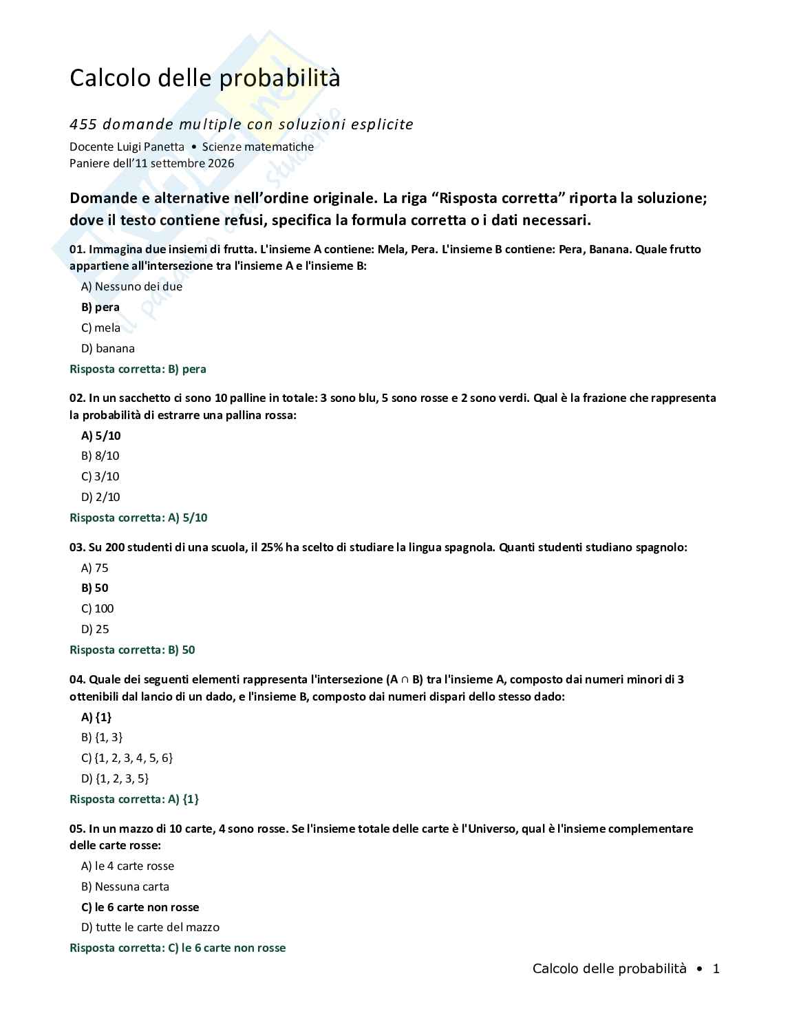 Quiz risolti Calcolo delle probabilità, 2026 Pag. 1