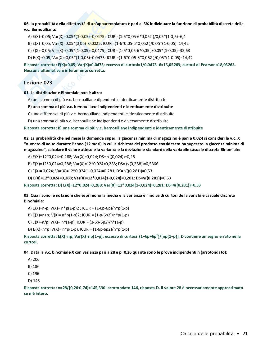 Quiz risolti Calcolo delle probabilità, 2026 Pag. 21