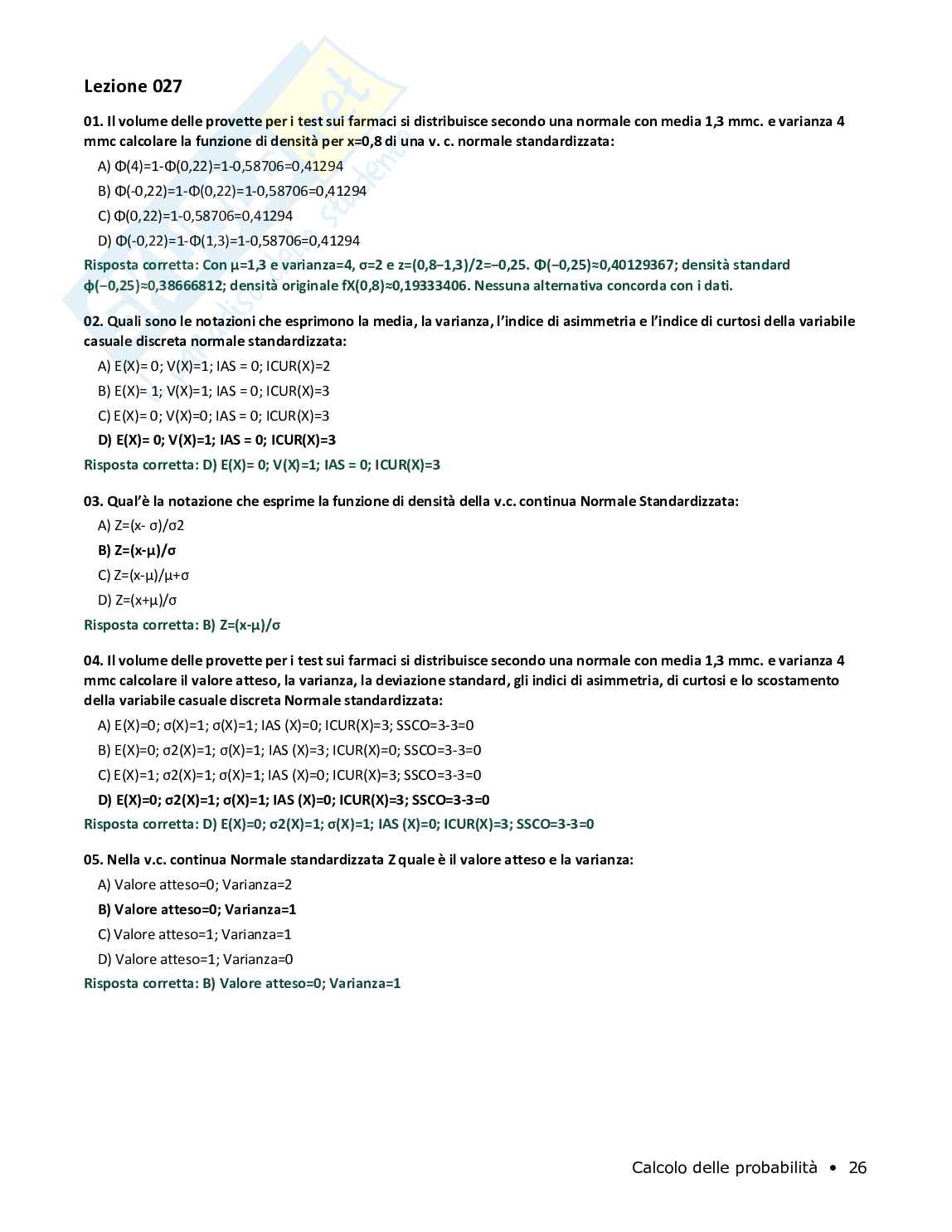 Quiz risolti Calcolo delle probabilità, 2026 Pag. 26