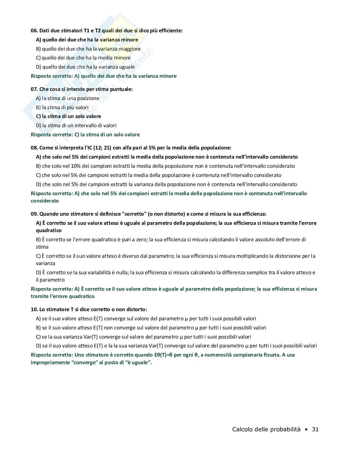 Quiz risolti Calcolo delle probabilità, 2026 Pag. 31